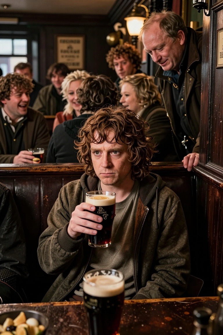 Realistic Photograph set in the world of Lord of the Rings. Frodo Baggins sitting alone in a corner booth of a busy Irish...