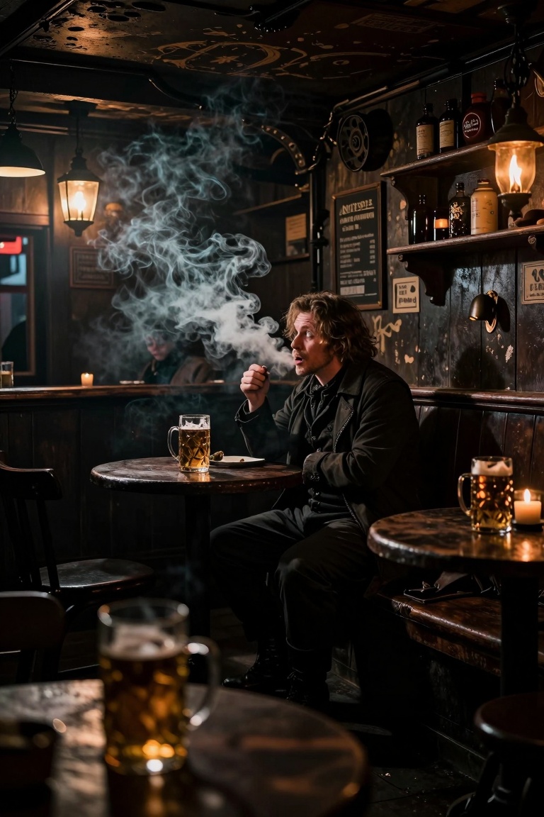 Inside a dark,  smoky 17th‑century London tavern at night,  a mysterious stranger sits alone in the shadowed corner on Ten...