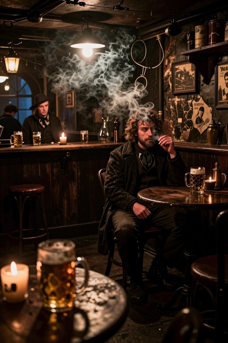 Inside a dark,  smoky 17th‑century London tavern at night,  a mysterious stranger sits alone in the shadowed corner on Ten...