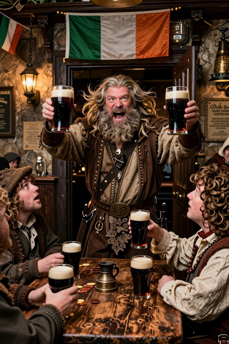 Realistic Photograph set in the world of Lord of the Rings. Gimli bursting through the door of a Cork pub holding two mass...