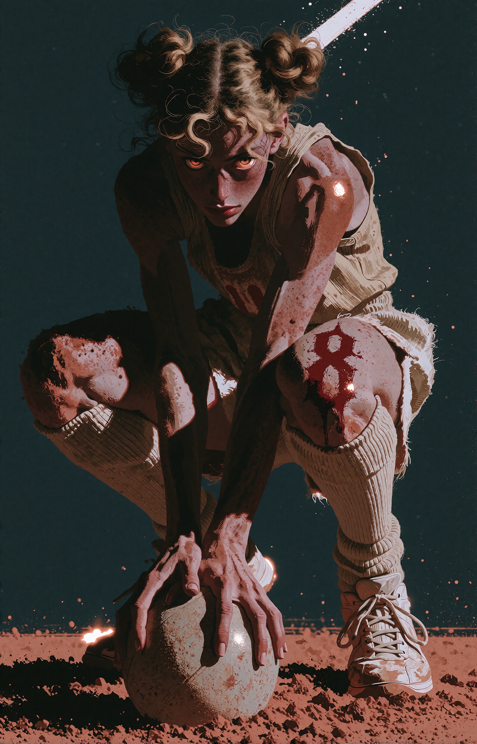 A young athlete crouches in a deep predator squat,  fingertips splayed over a worn pale ball cradled low between both hand...