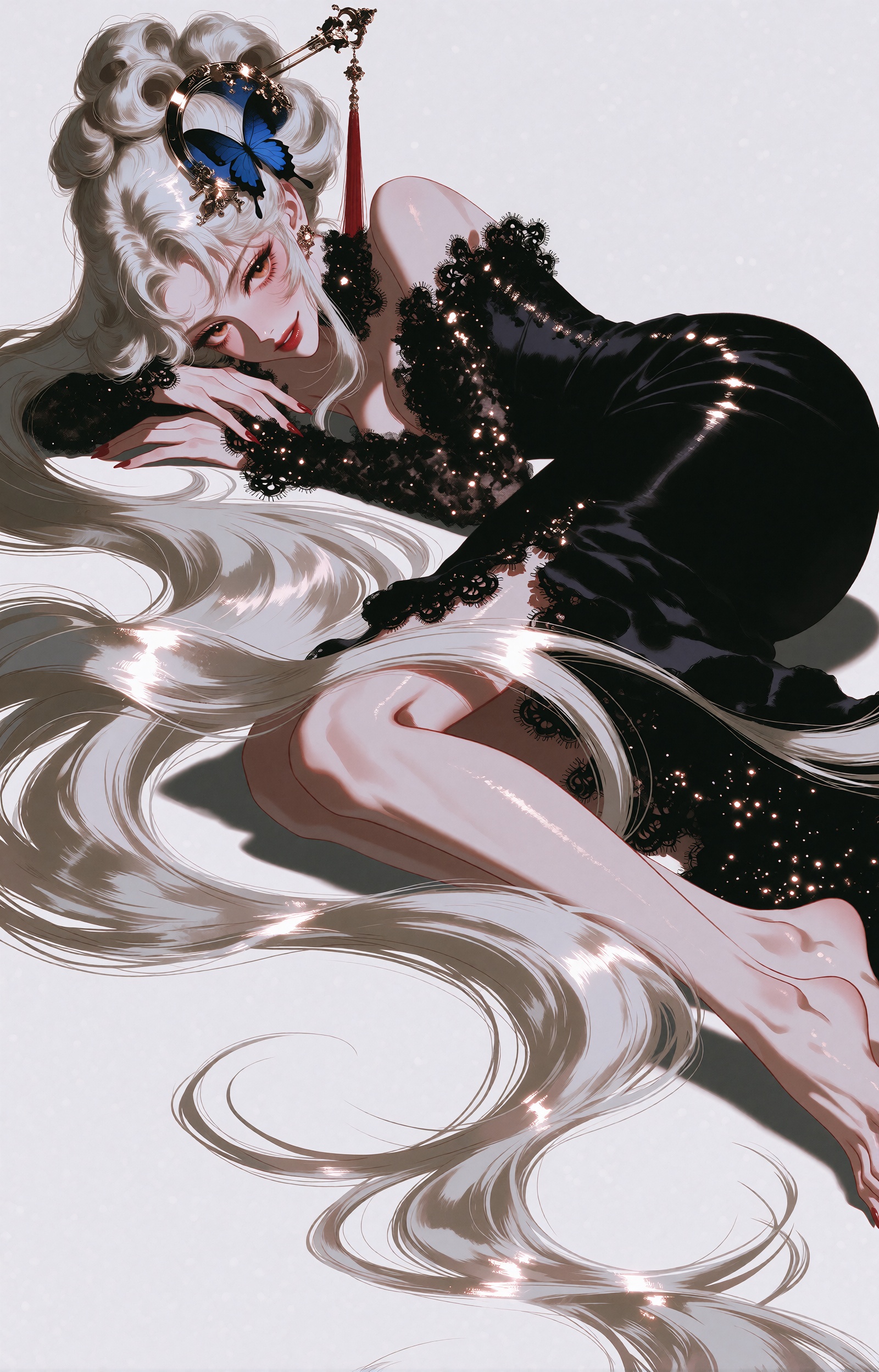 A beautiful young woman with extremely long platinum silver-white hair reclines on her side upon a plain white surface,  h...