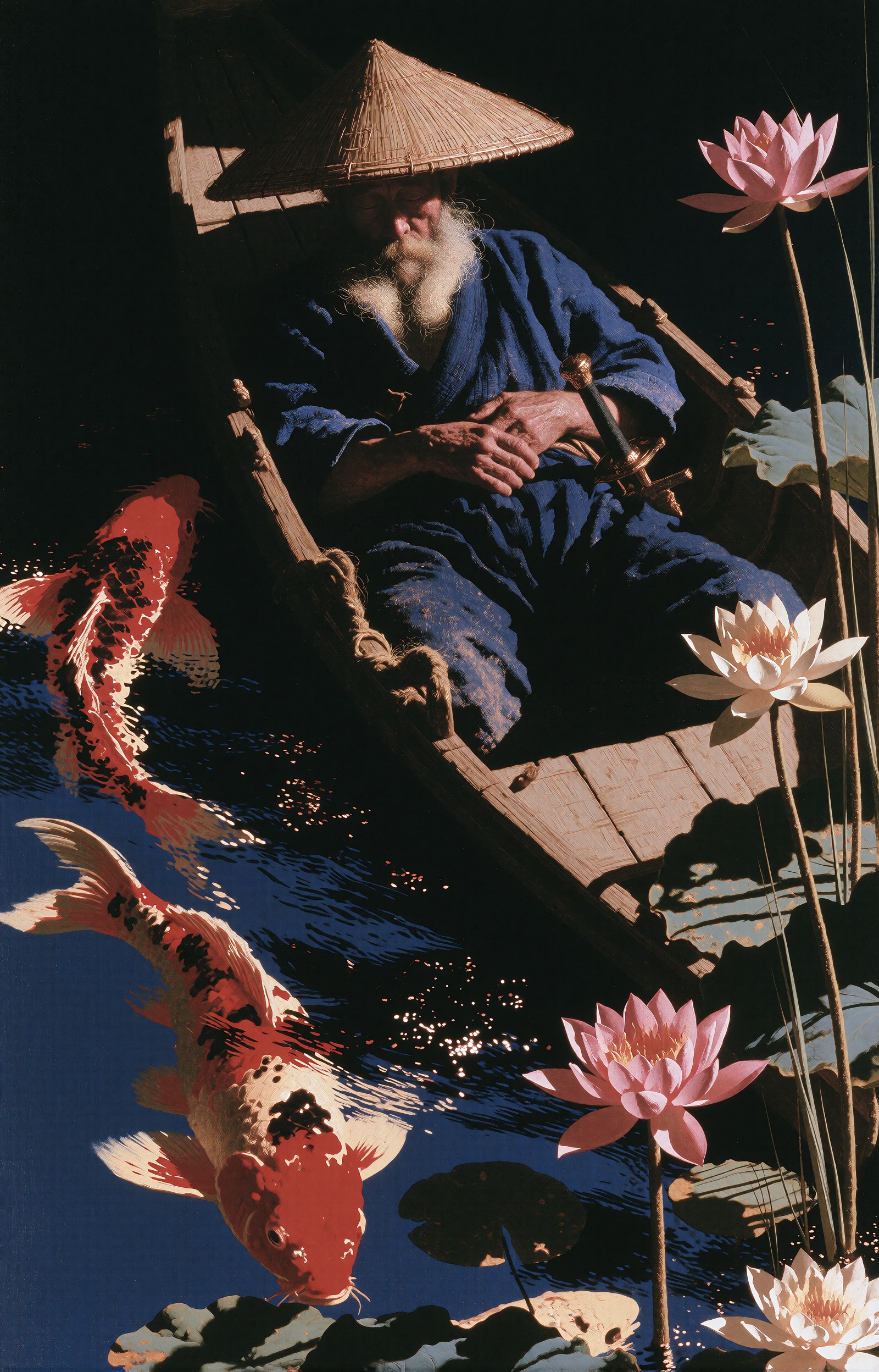 An elderly fisherman sleeps in perfect contentment,  reclined in a narrow wooden boat drifting at the center of a still in...