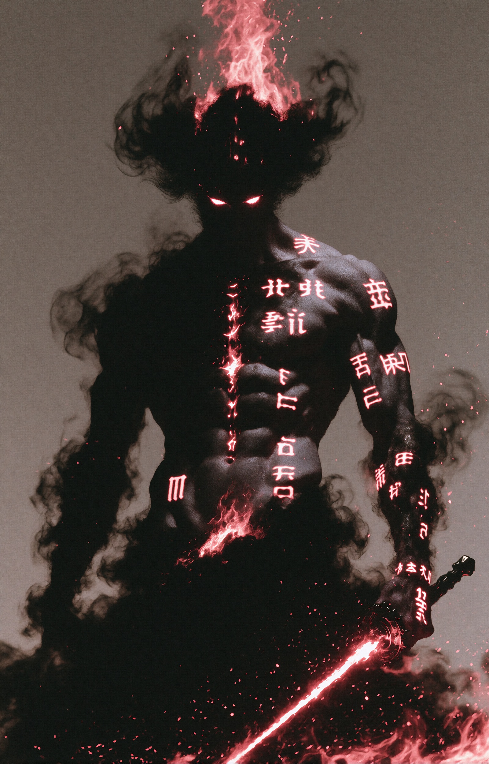 A dark atmospheric depiction of a muscular male figure whose near-black charcoal body emerges from swirling smoke. His bro...