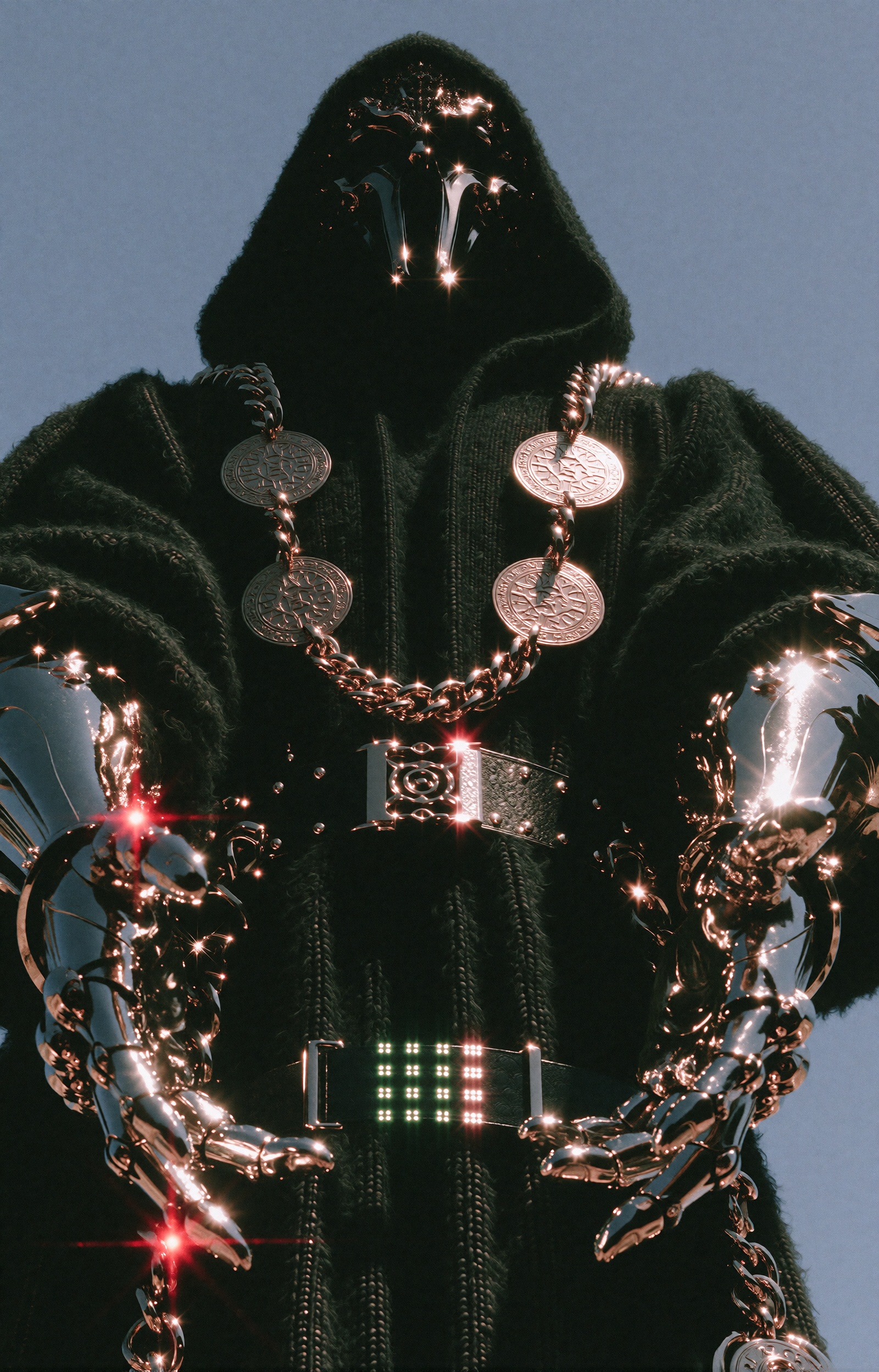 An imposing hooded figure stands with arms outstretched wide in a grand messianic gesture,  open palms turned upward. A vo...