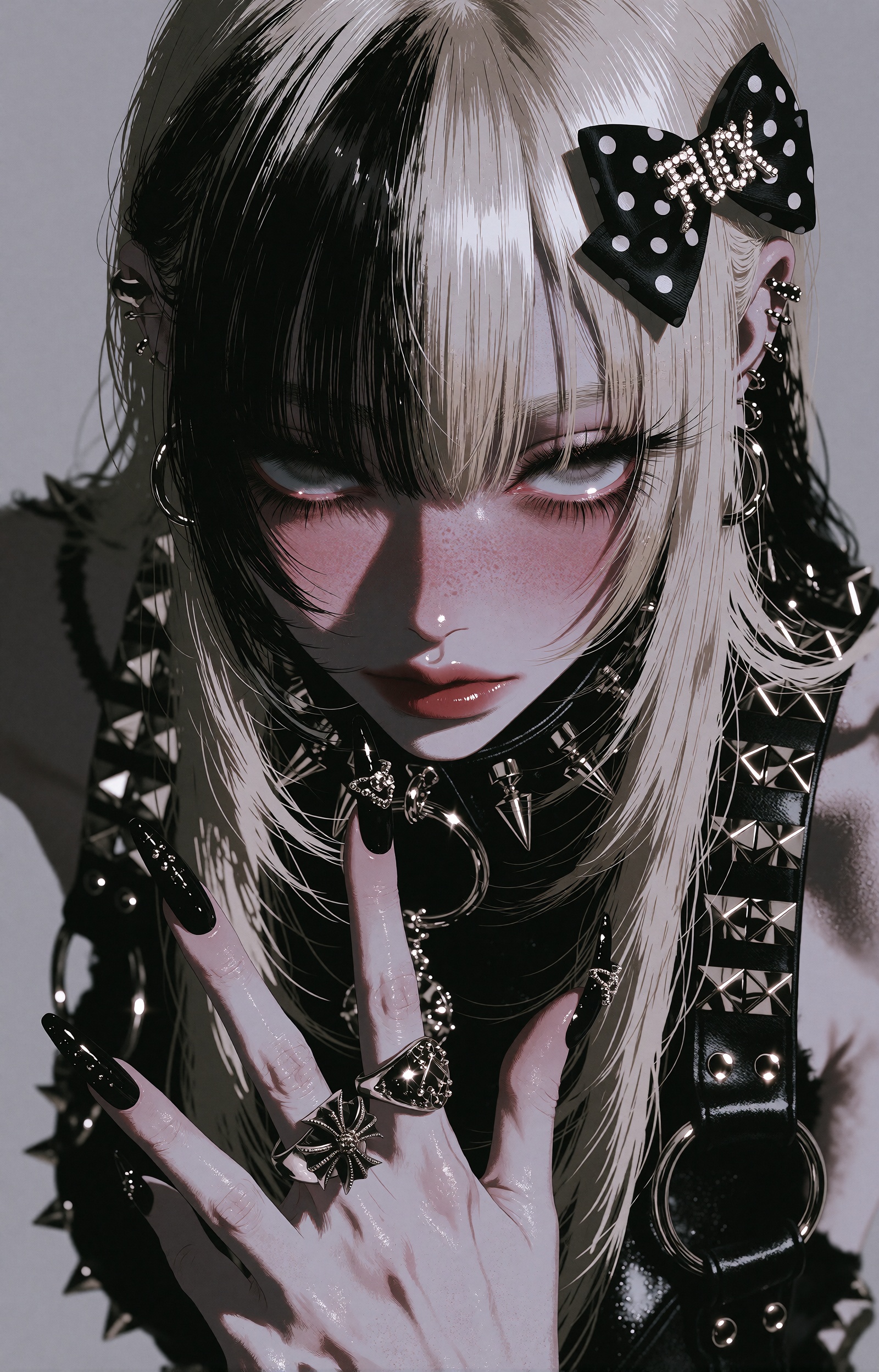 A young ***** woman with long platinum-blonde hair streaked with jet-black panels and long straight bangs falling over her...