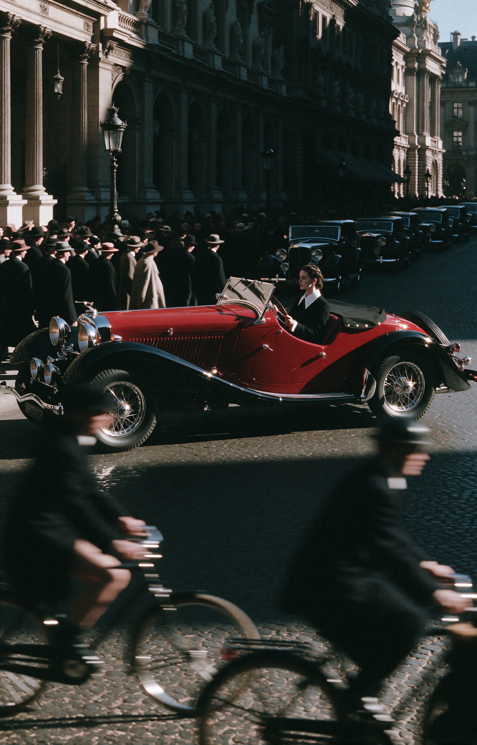 A young woman with dark hair pulled back,  wearing a dark coat with a crisp white collar,  sits at the wheel of an open-to...