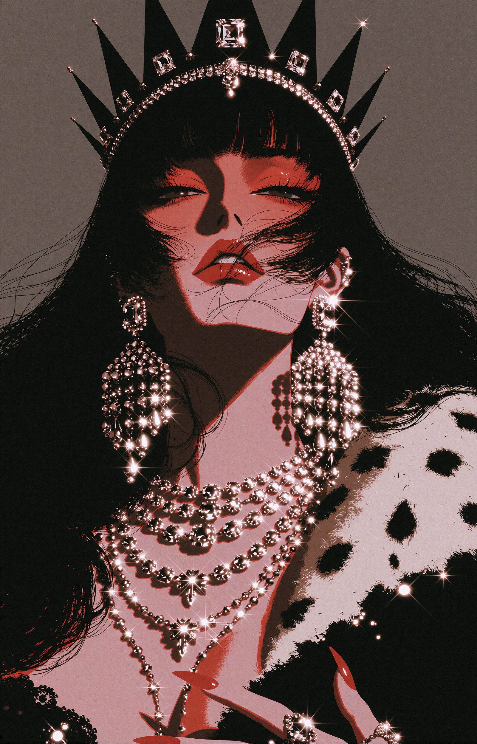 A stylized portrait of a haughty queen with long straight jet-black hair and blunt bangs,  loose strands blowing across he...