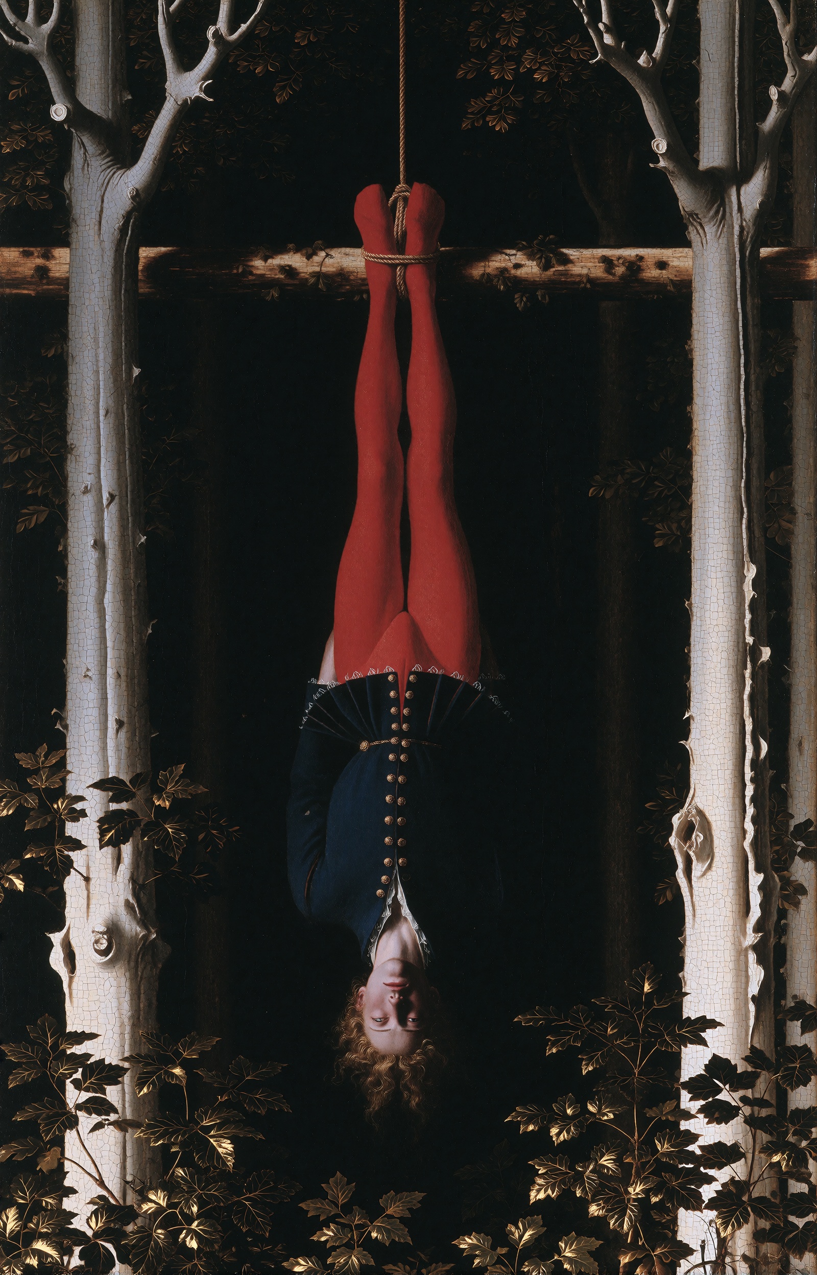 A somber vertical panel painting depicting a young man hanging upside down,  his ankles bound with cord to a rough horizon...
