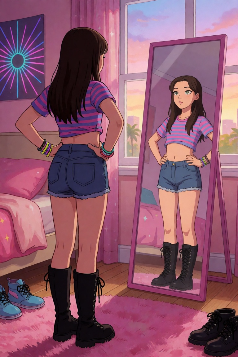 in her pink bedroom in the late afternoon hours a girl with flatchest is dressing for a rave party in front of a tall mirr...