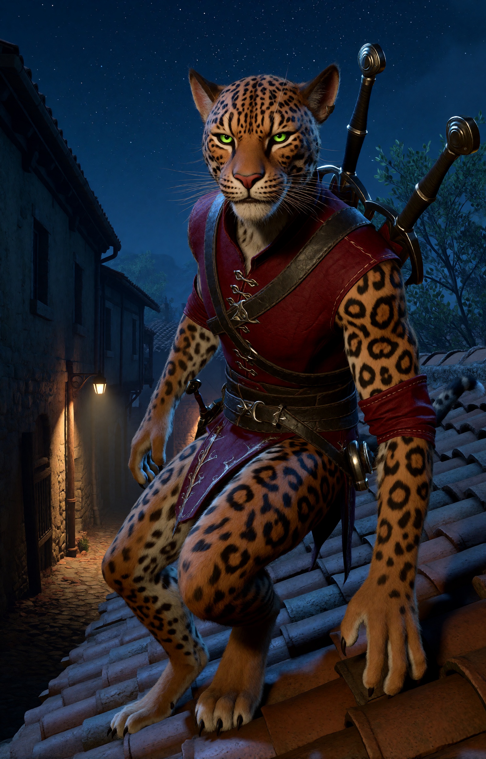 highres,  absurdres,  bg3style A sleek male tabaxi with distinctive jaguar-like rosette spots covers a rooftop under a sta...