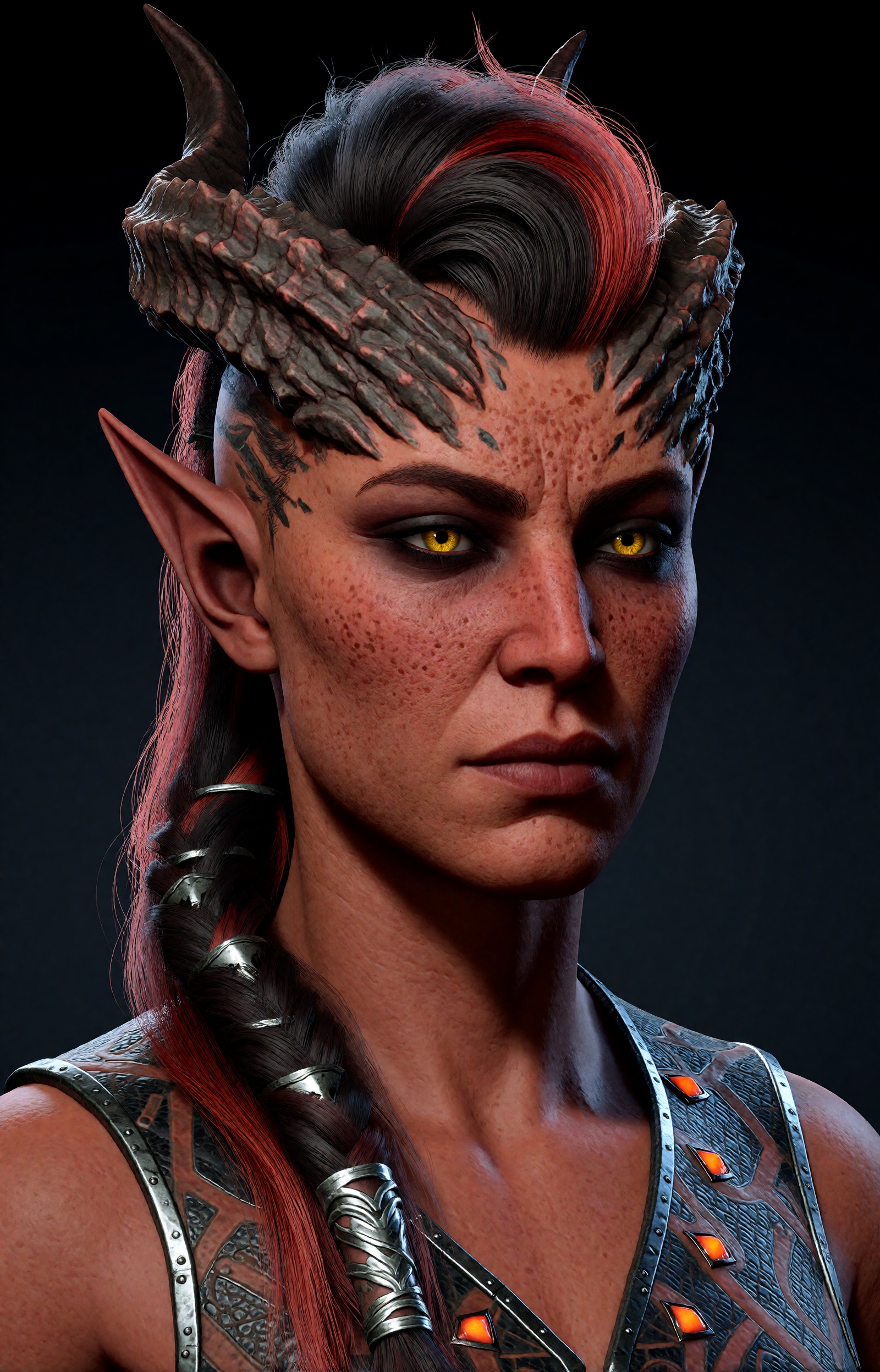 highres,  absurdres,  bg3style A close-up portrait depicts a tiefling woman with reddish-orange skin on Tensor.Art