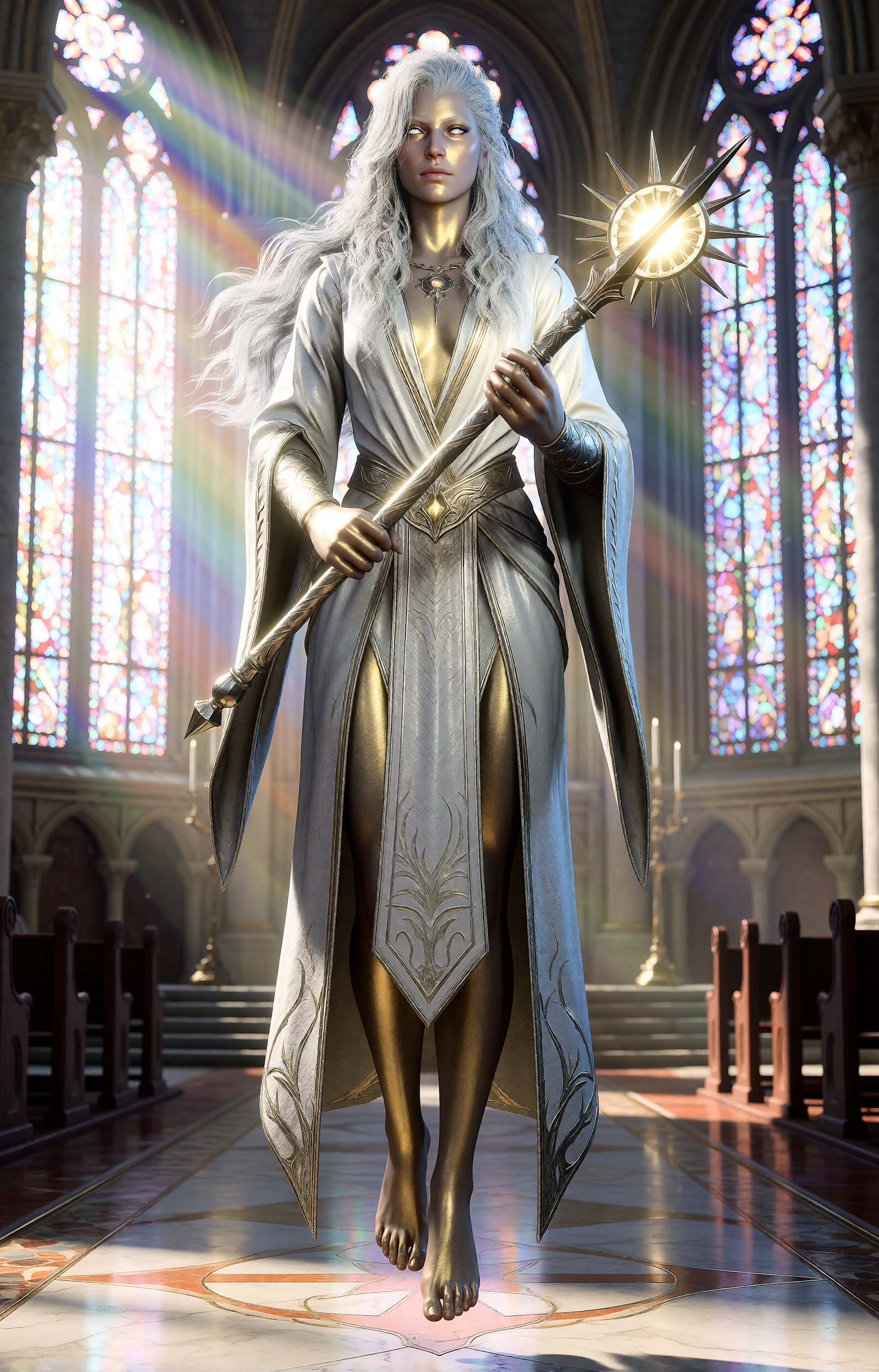highres,  absurdres,  bg3style A radiant female aasimar floats inches above the polished marble floor of a grand cathedral...