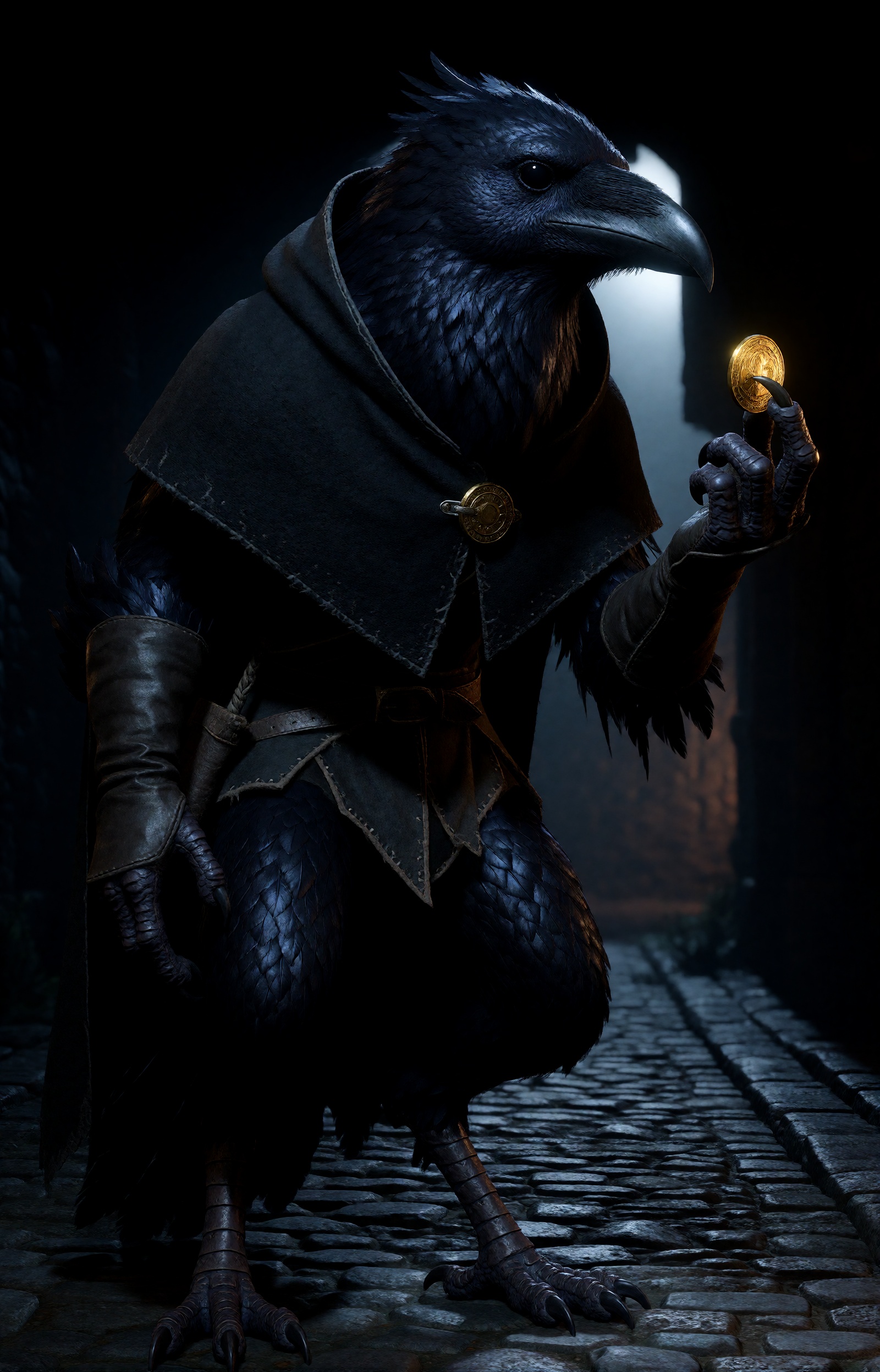highres,  absurdres,  bg3style A mysterious kenku rogue lurks in the deep shadows of a cobblestone alleyway. The avian hum...