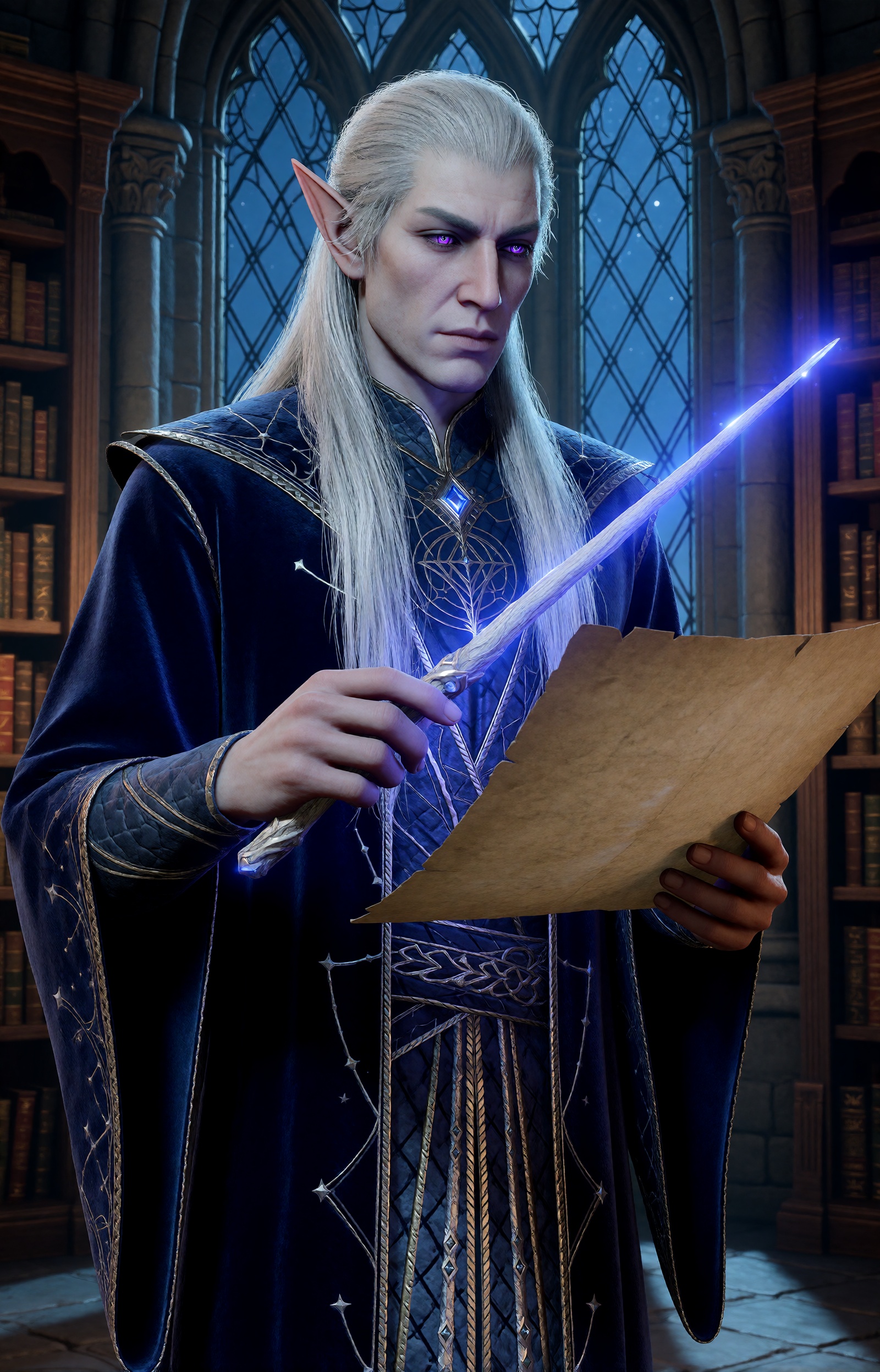 highres,  absurdres,  bg3style A regal male high elf wizard reads from a floating parchment in a high stone tower. His ski...