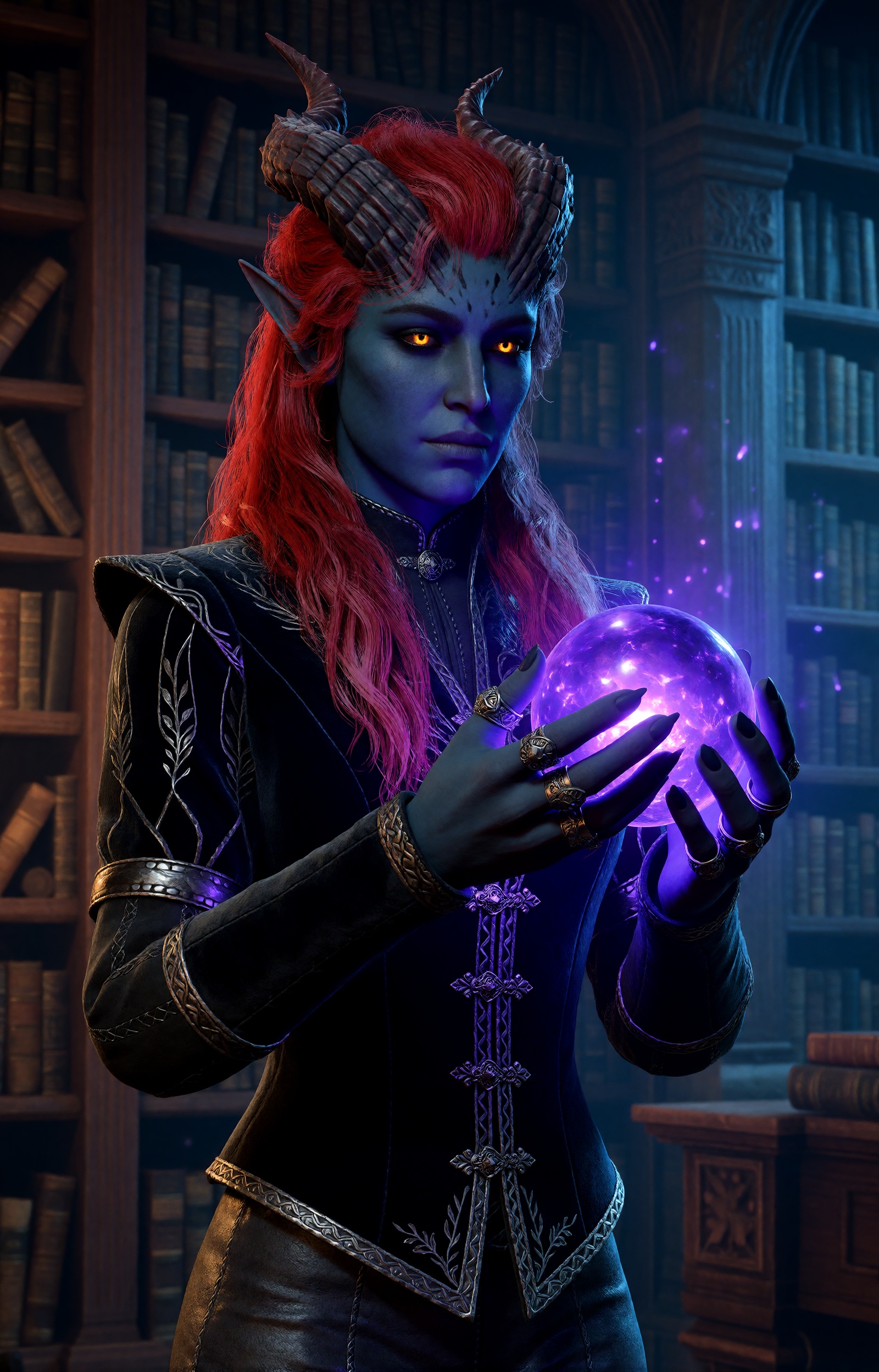 highres,  absurdres,  bg3style A female tiefling with deep indigo skin and curled obsidian horns stands in a dimly lit on...