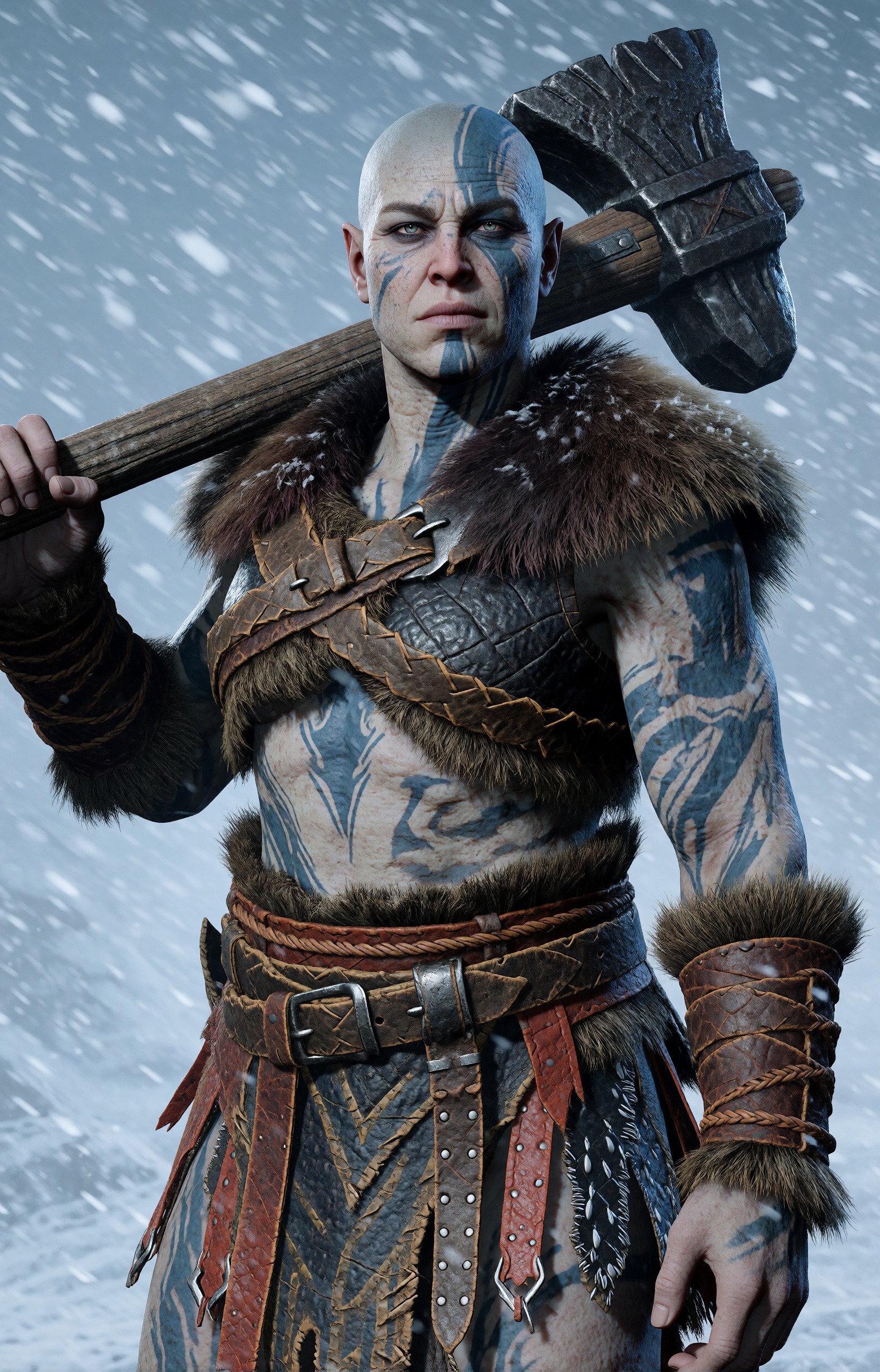 highres,  absurdres,  bg3style A massive female goliath barbarian stands resolute against a howling blizzard. Her skin is...