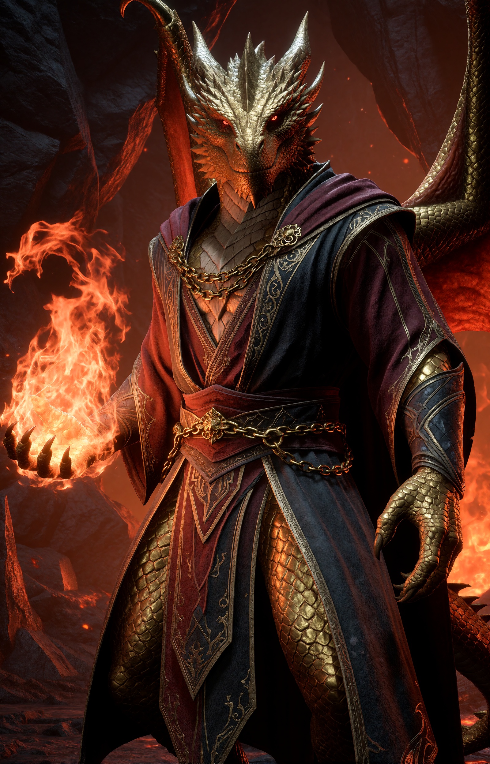 highres,  absurdres,  bg3style A towering male dragonborn with shimmering golden scales commands the center of a volcanic...
