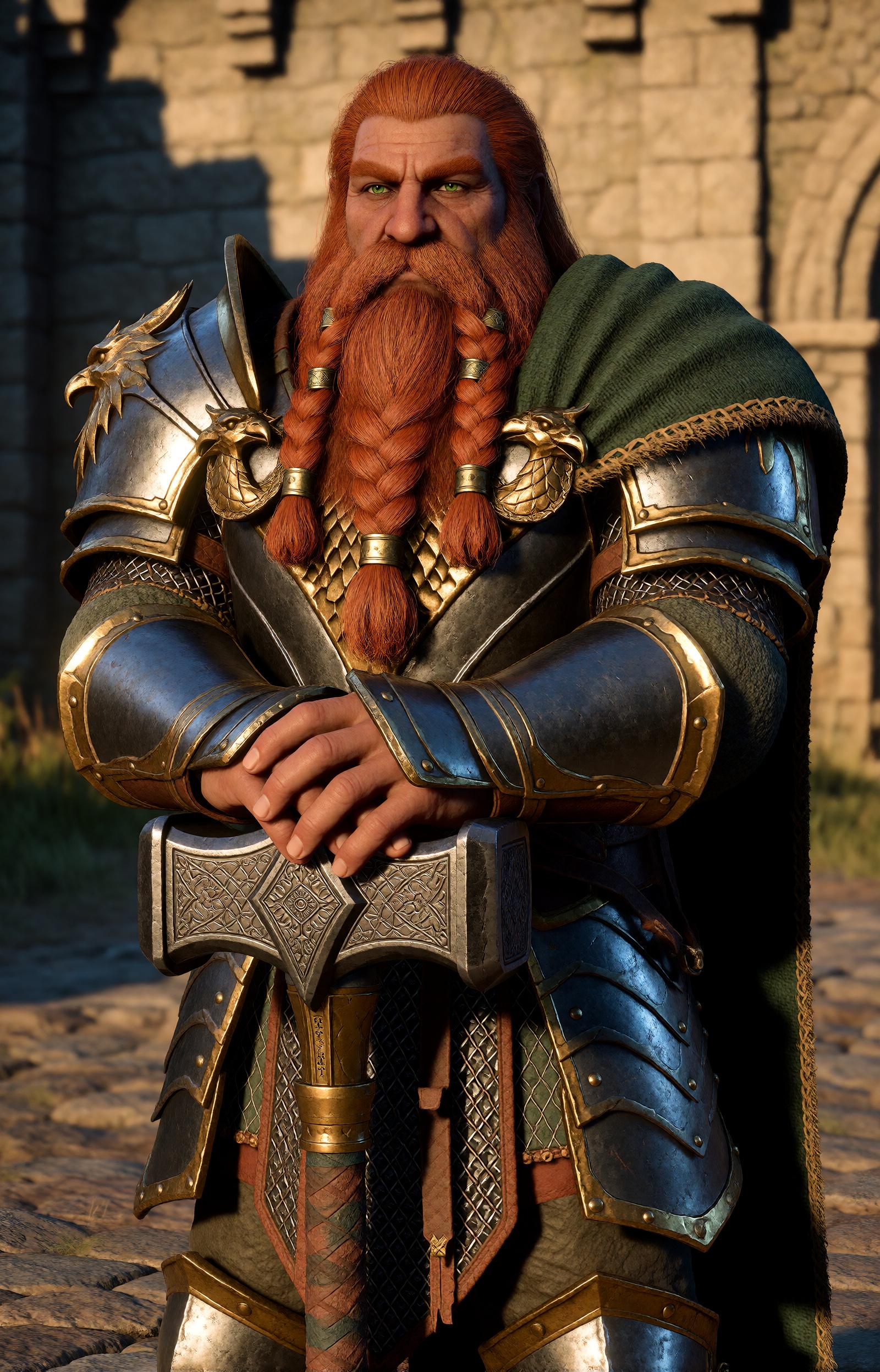 highres,  absurdres,  bg3style A broad-shouldered male dwarf stands proudly in a sunlit stone courtyard. His skin is deepl...