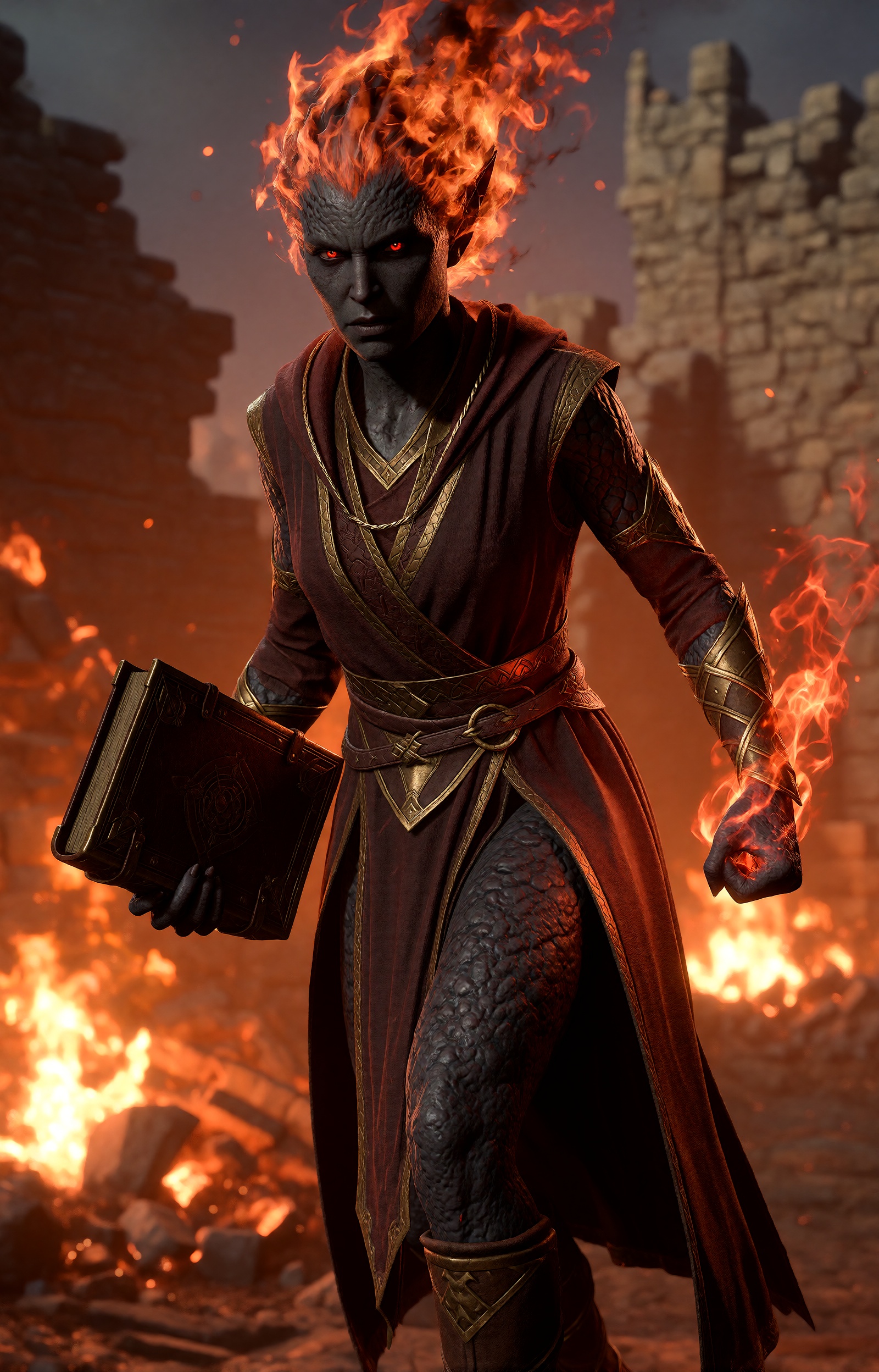 highres,  absurdres,  bg3style A fierce female fire genasi strides through the smoldering ruins of a stone fortress. Her s...