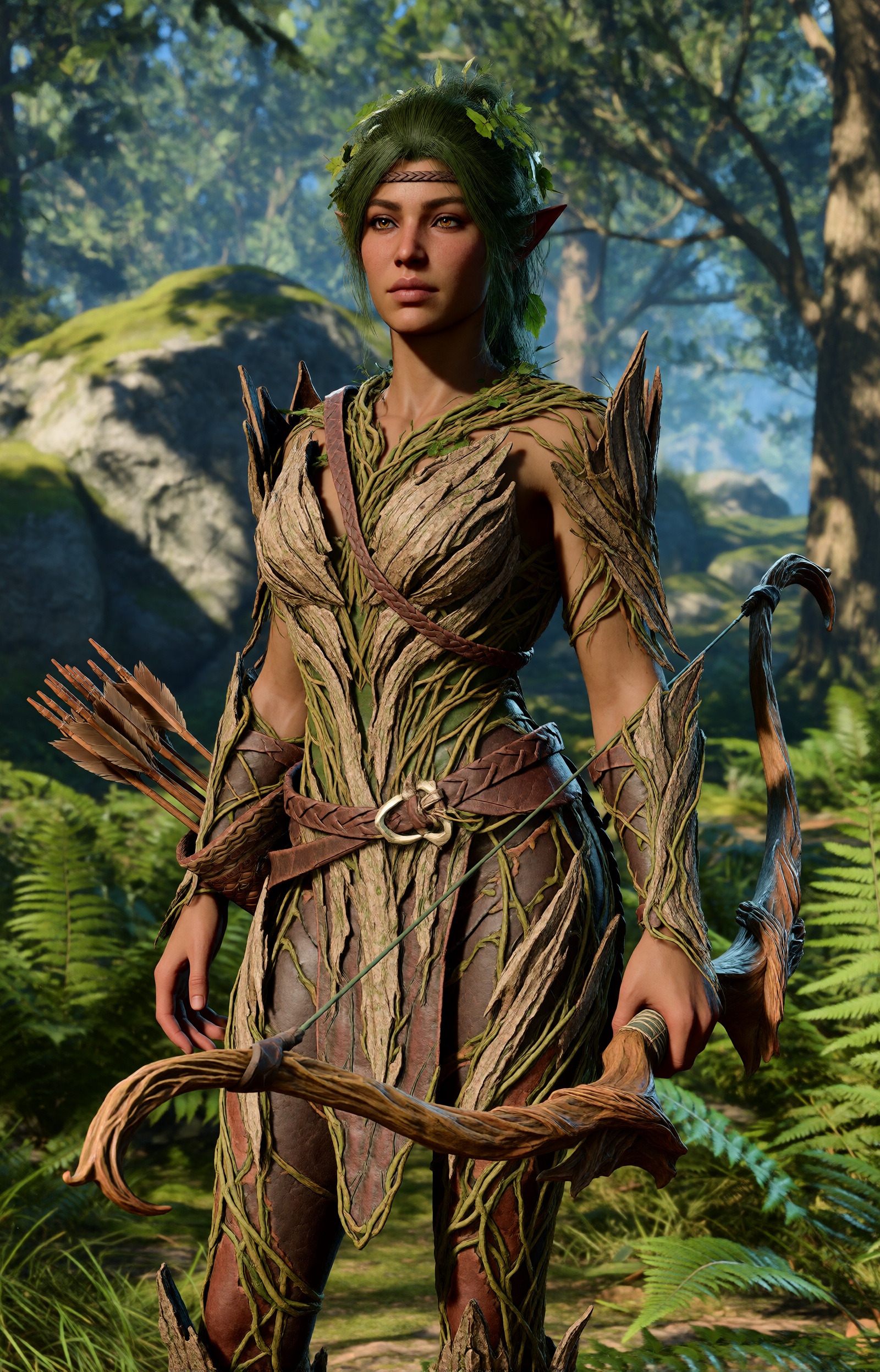 highres,  absurdres,  bg3style A female wood elf stands gracefully in a sun-drenched forest glade. Her complexion is a war...