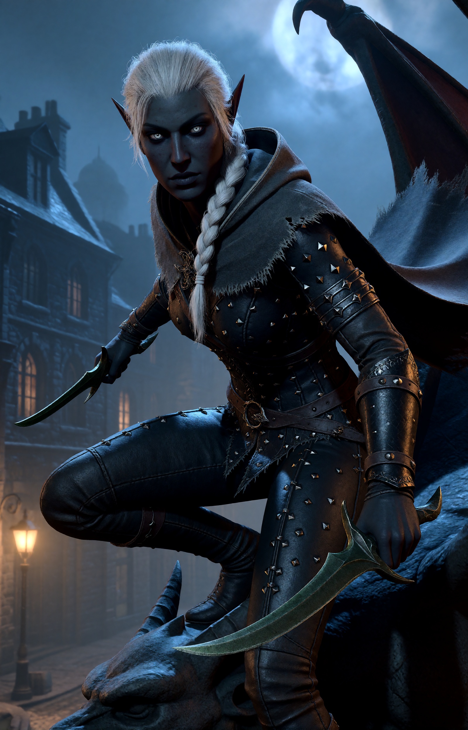 highres,  absurdres,  bg3style A female drow elf crouches on a gargoyle overlooking a fog-covered city street at night. He...