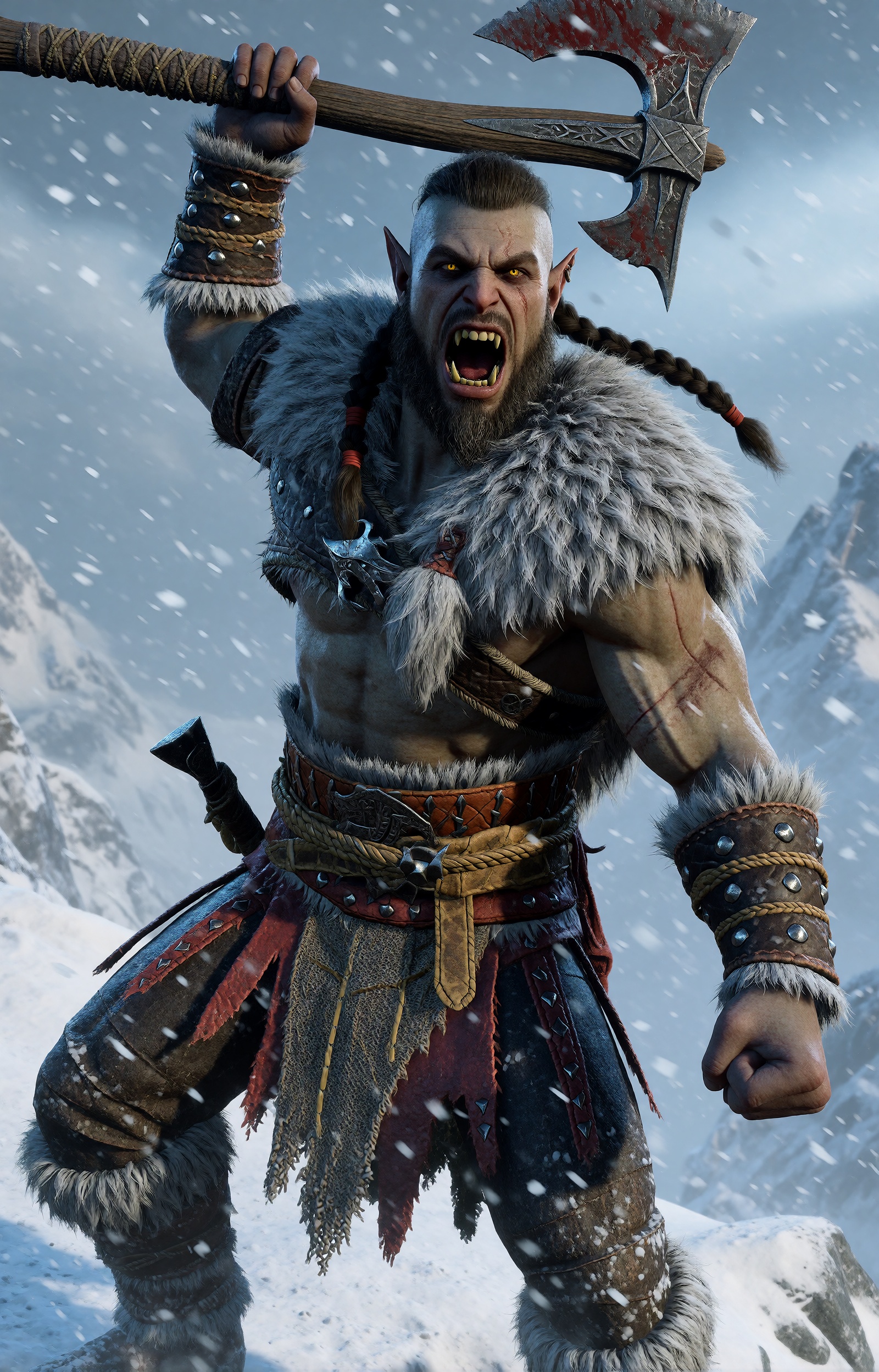 highres,  absurdres,  bg3style A heavily scarred male half-orc lets out a fierce battle cry atop a snowy mountain peak. Hi...