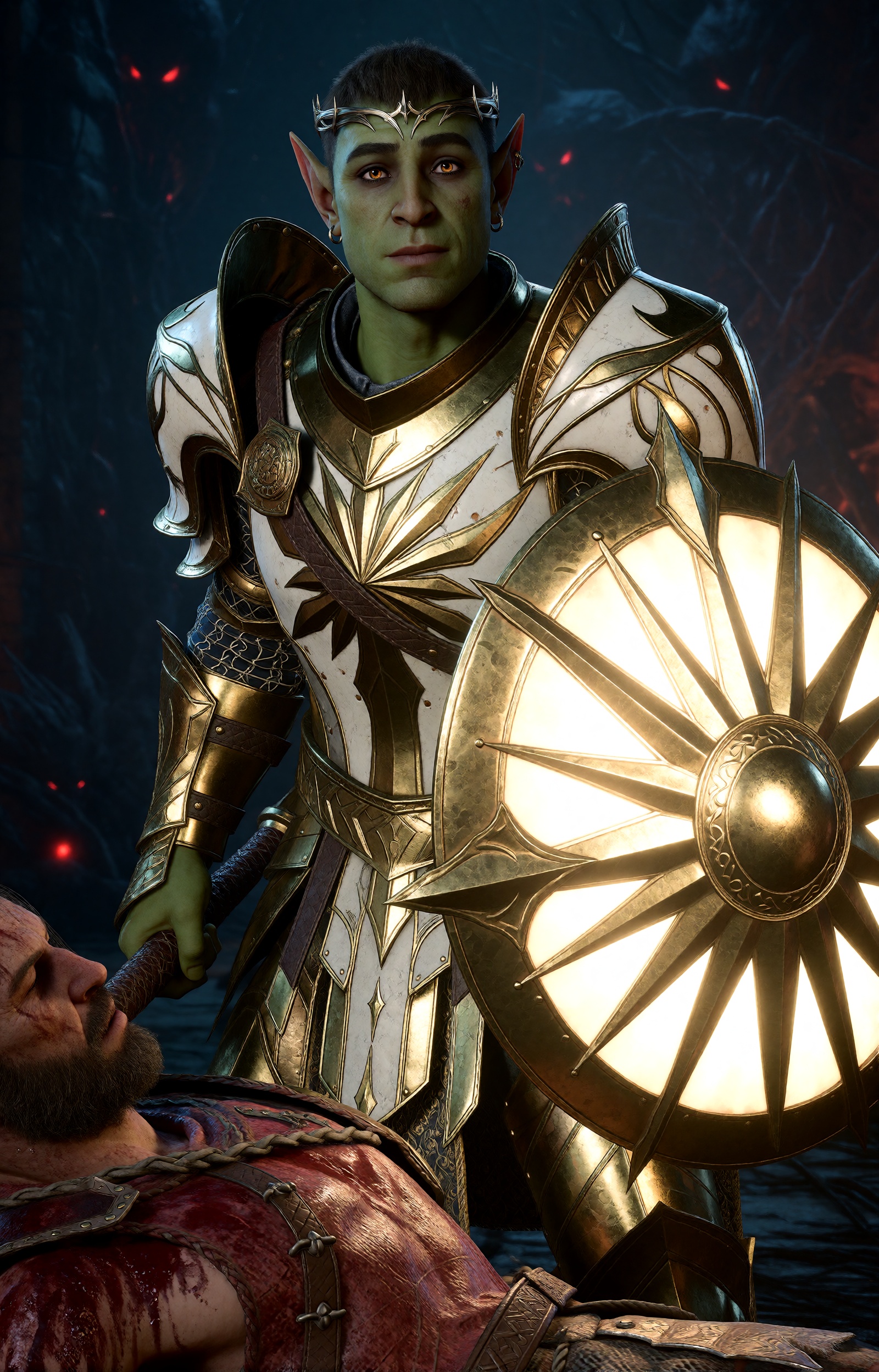 highres,  absurdres,  bg3style A waist-up shot of a noble male half-orc with pale green skin on Tensor.Art