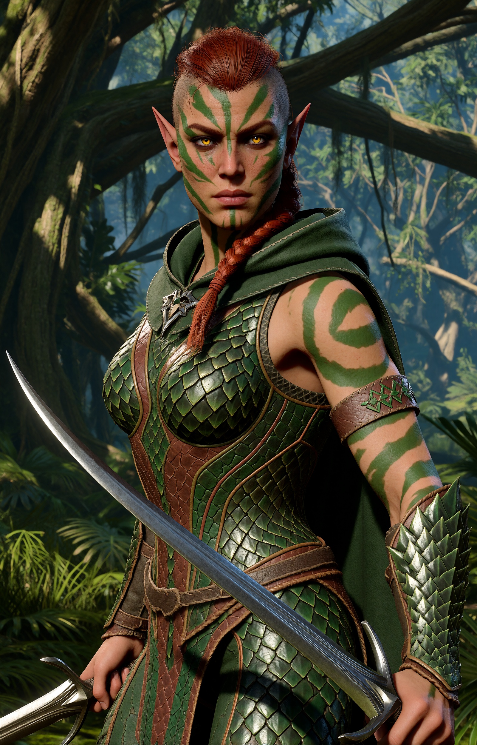 highres,  absurdres,  bg3style A close-up shot captures a fiercely determined female wood elf with tanned skin painted wit...