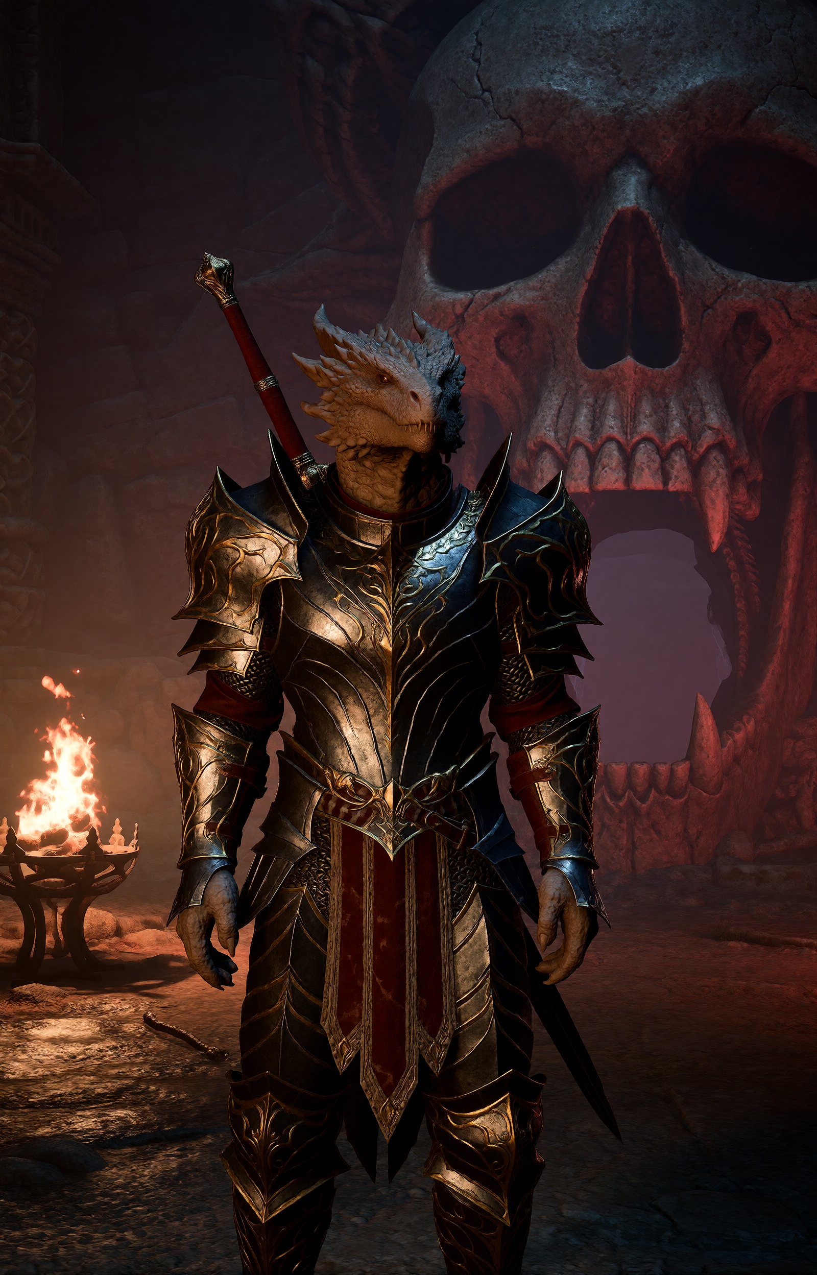 highres,  absurdres,  bg3style A Dragonborn warrior stands prominently in the center of a dimly lit on Tensor.Art
