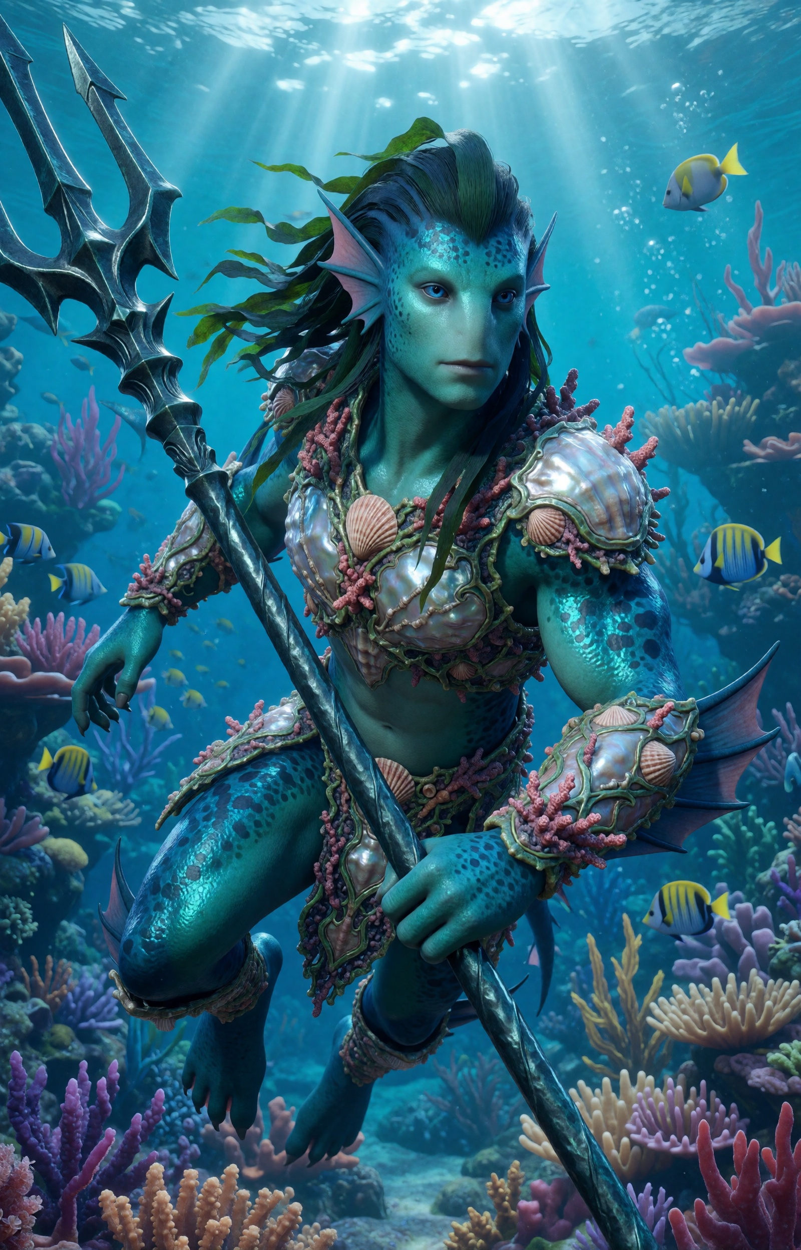 highres,  absurdres,  bg3style A muscular male triton swims confidently through a vibrant on Tensor.Art