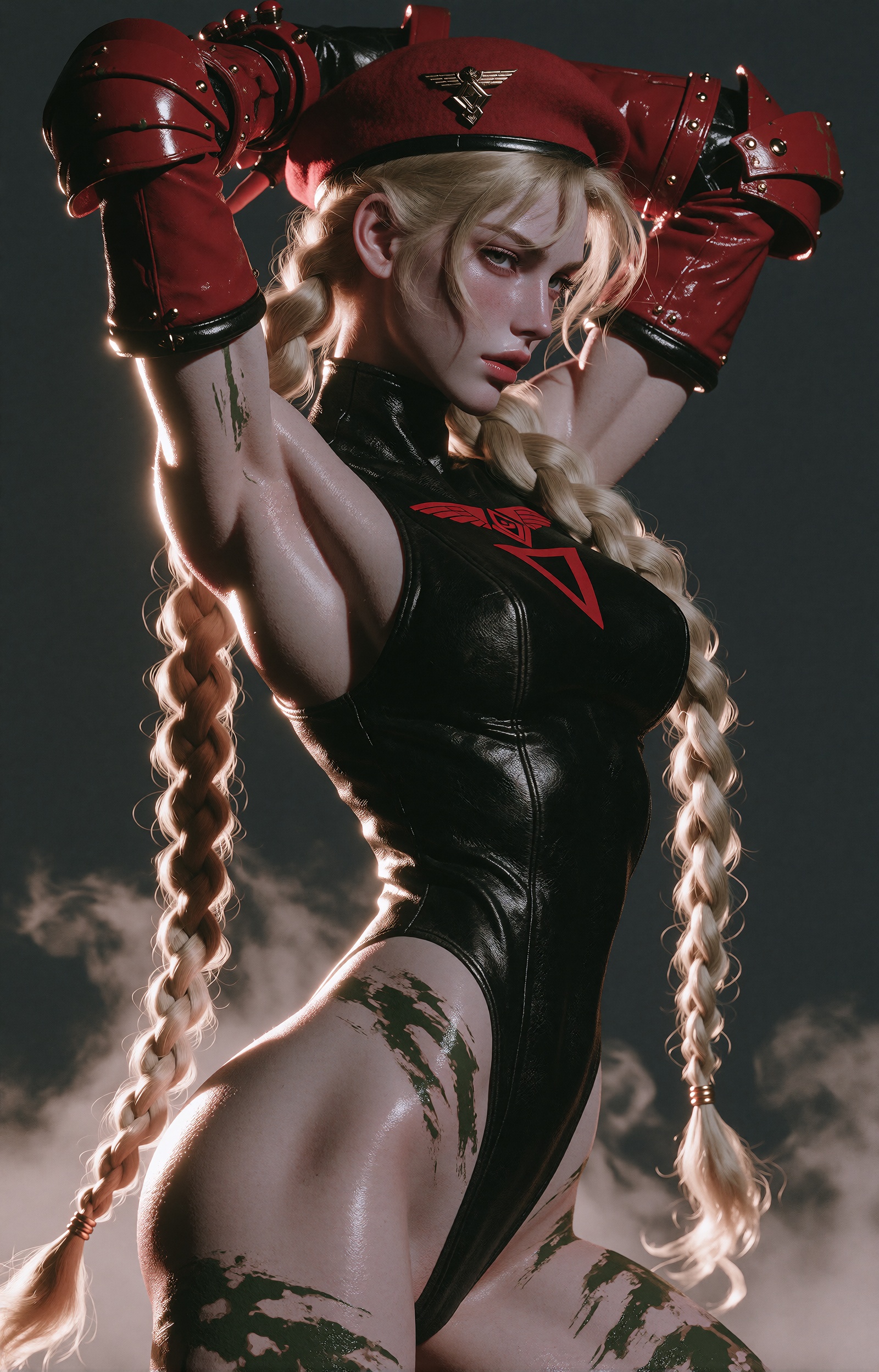 A vertical portrait of an athletic young woman shown in sharp side profile facing right,  her blonde hair woven into two e...