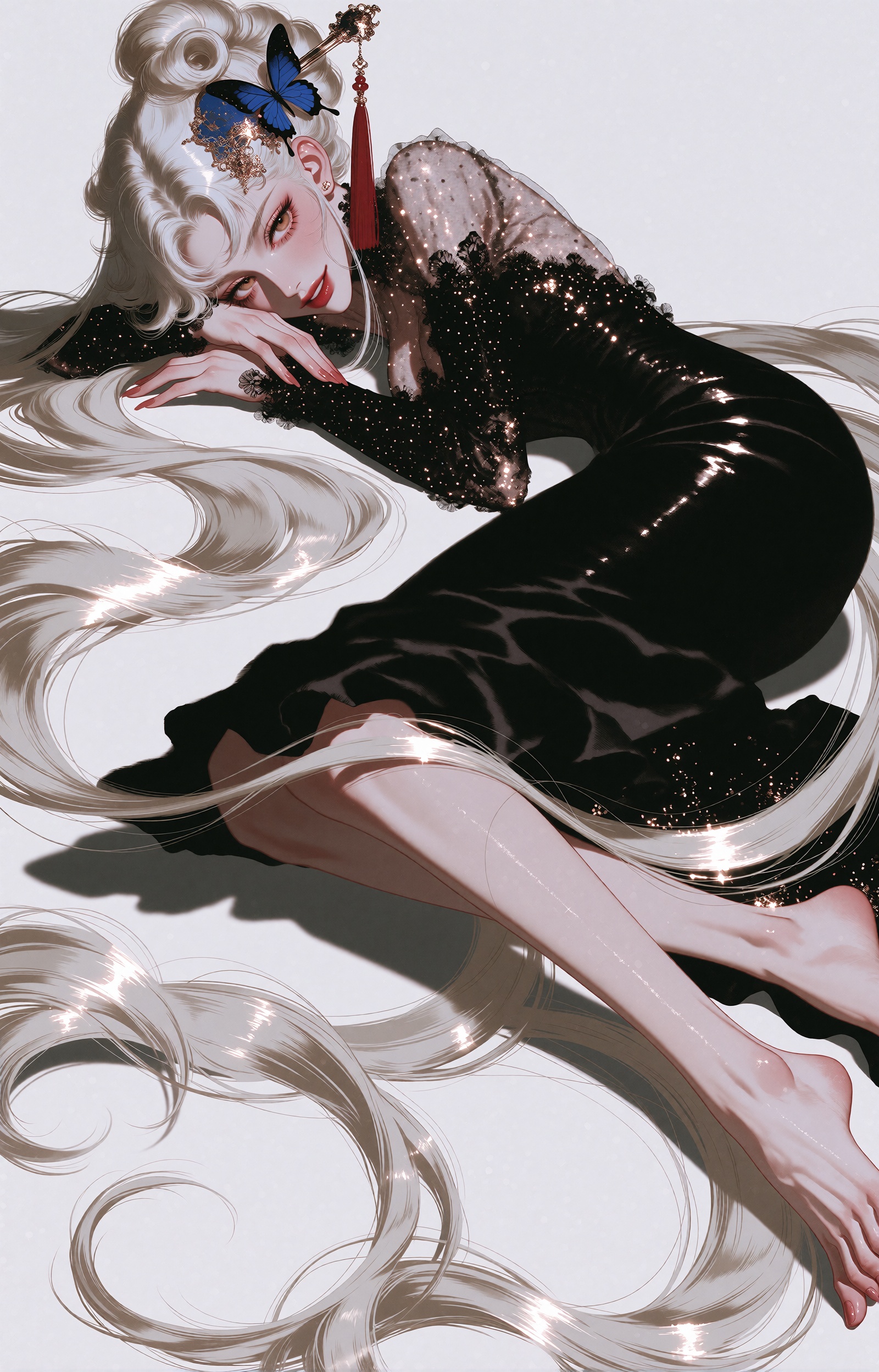 A beautiful young woman with extremely long platinum silver-white hair reclines on her side upon a plain white surface,  h...