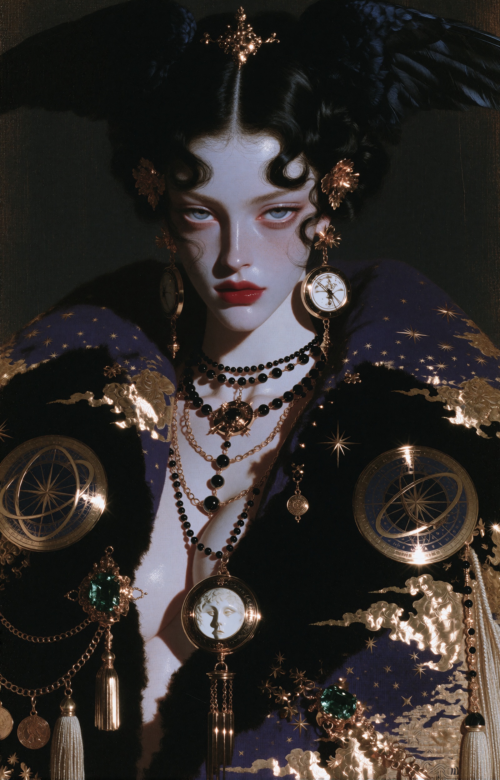 A regal young woman with porcelain-pale skin,  piercing ice-blue eyes,  and deep crimson lips gazes directly at the viewer...