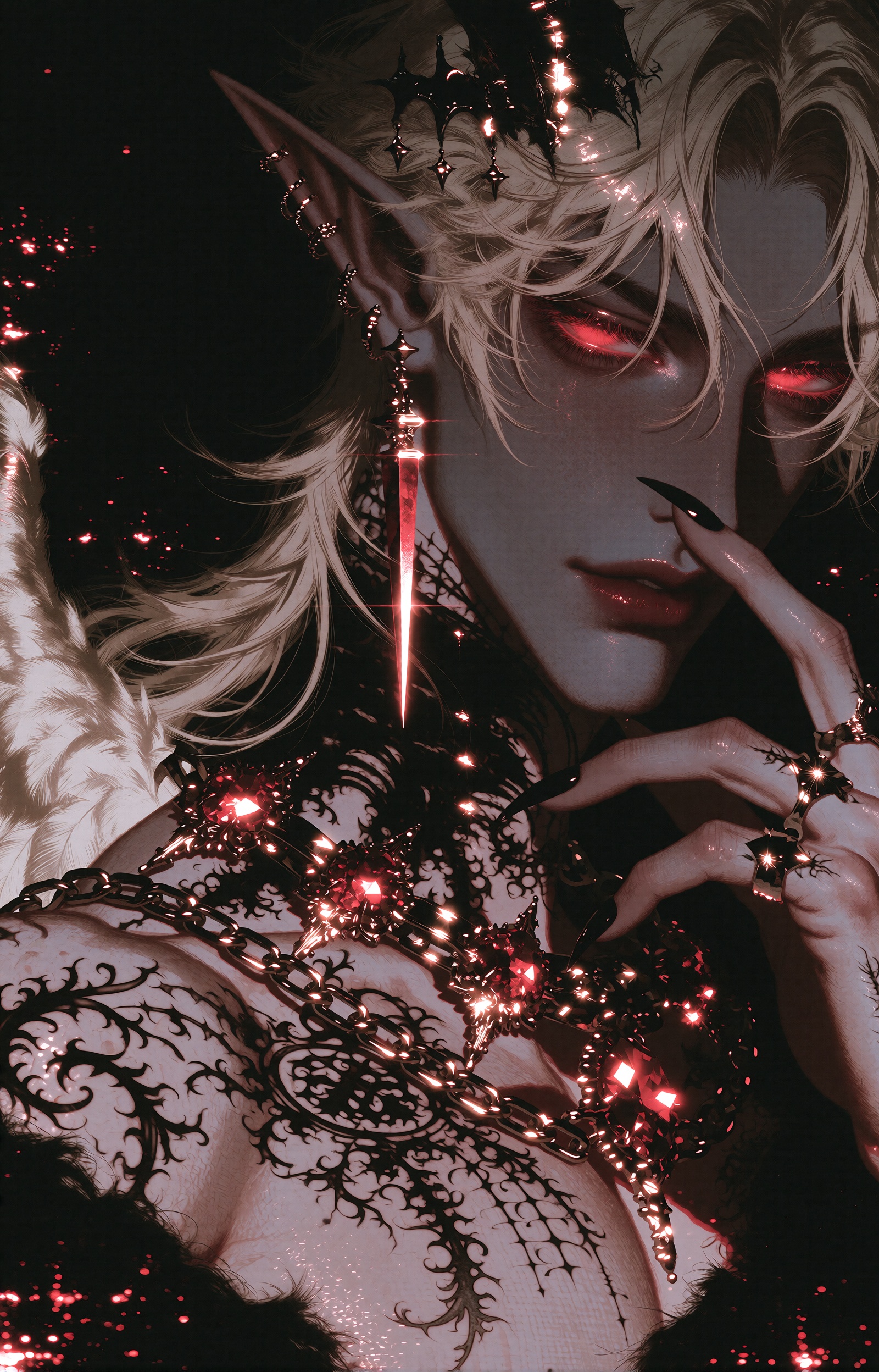 A dark fantasy anime portrait of a handsome dark-skinned demon-elf man with long,  messy silver-white hair,  glowing crims...