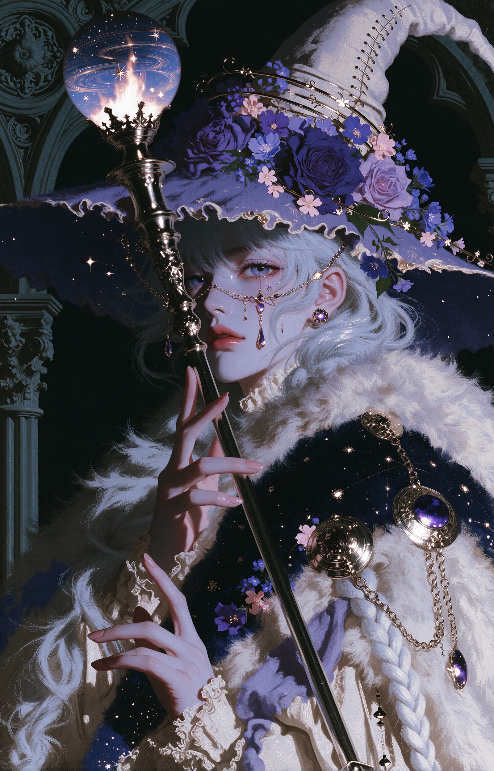 A serene young sorceress with long,  wavy silver-white hair and clear blue eyes holds an ornately carved metal staff diago...