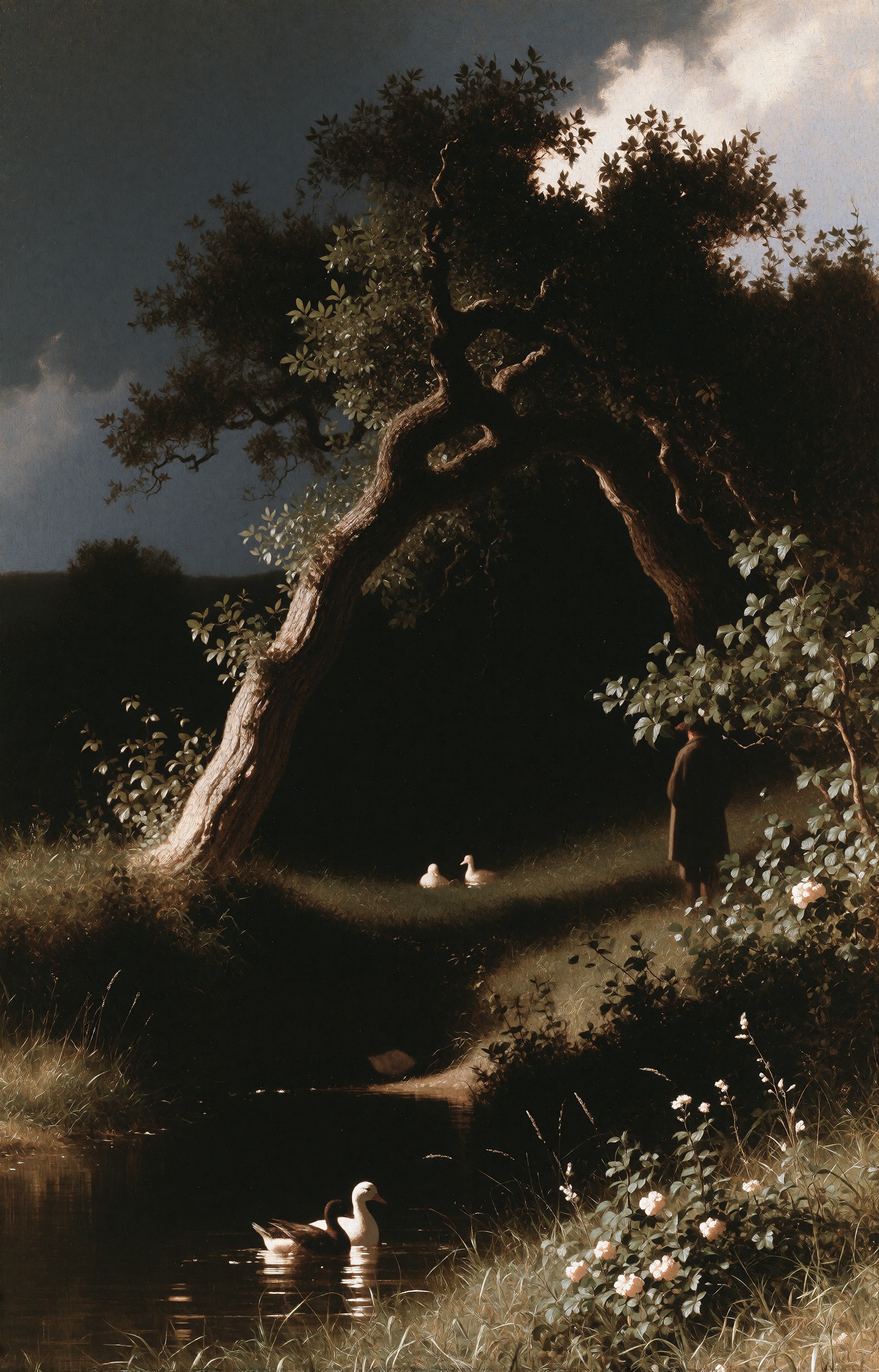 A classical oil painting of a massive,  gnarled oak tree leaning over a narrow stream under dramatic storm clouds. Two sma...