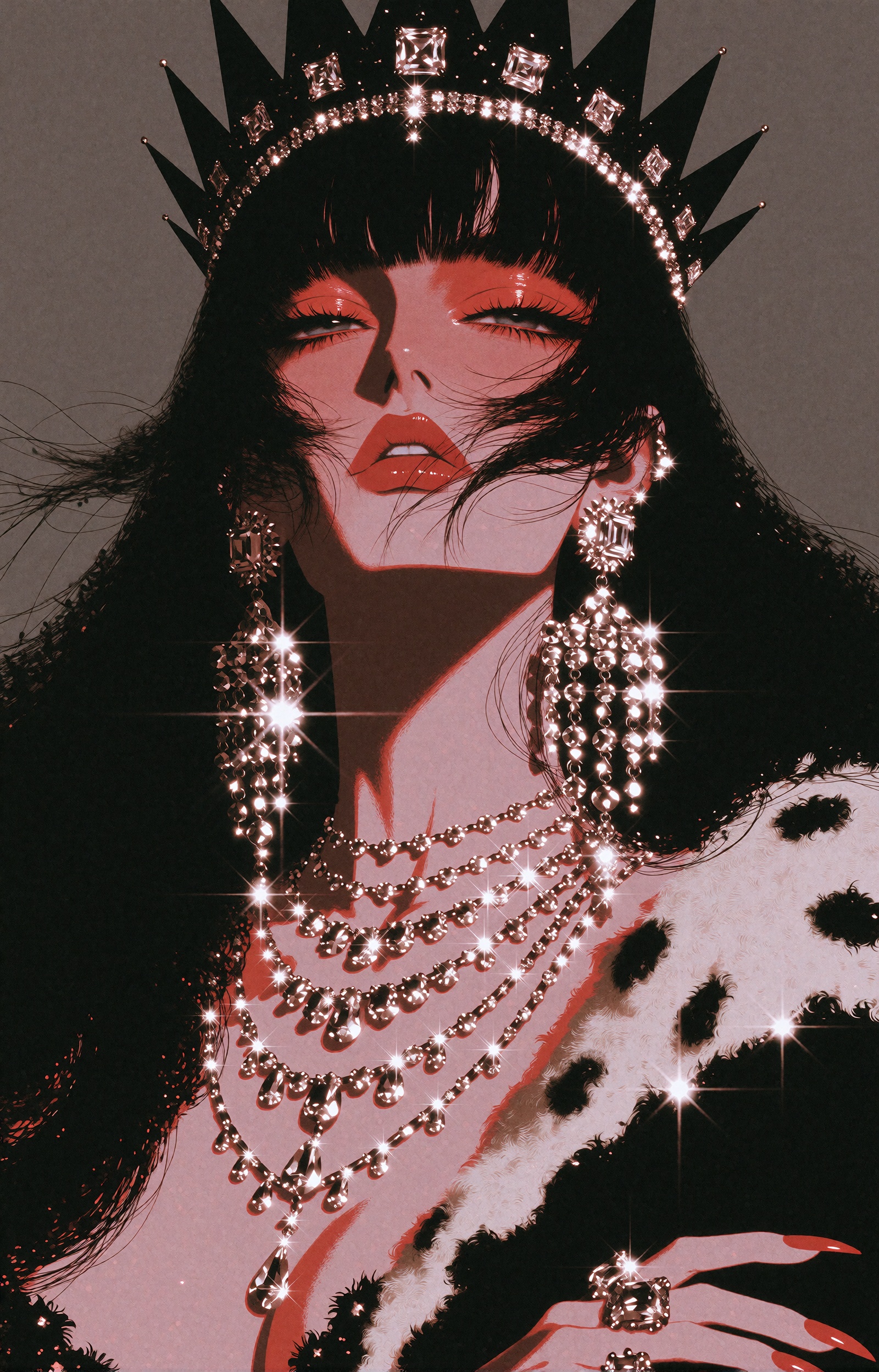 A stylized portrait of a haughty queen with long straight jet-black hair and blunt bangs,  loose strands blowing across he...