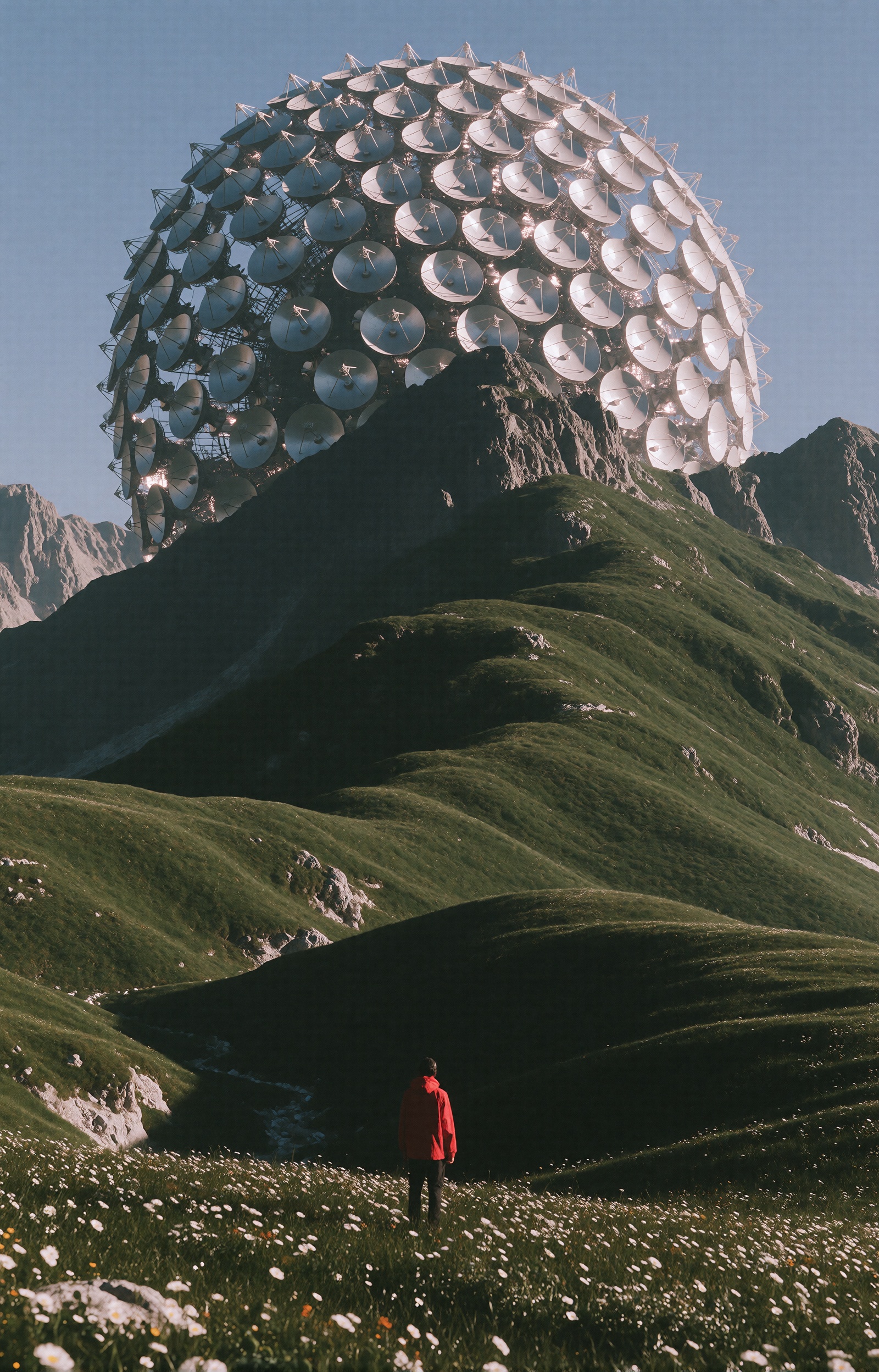 A lone tiny figure in a bright red jacket stands in the middle of an endless green meadow,  dwarfed by an impossibly colos...