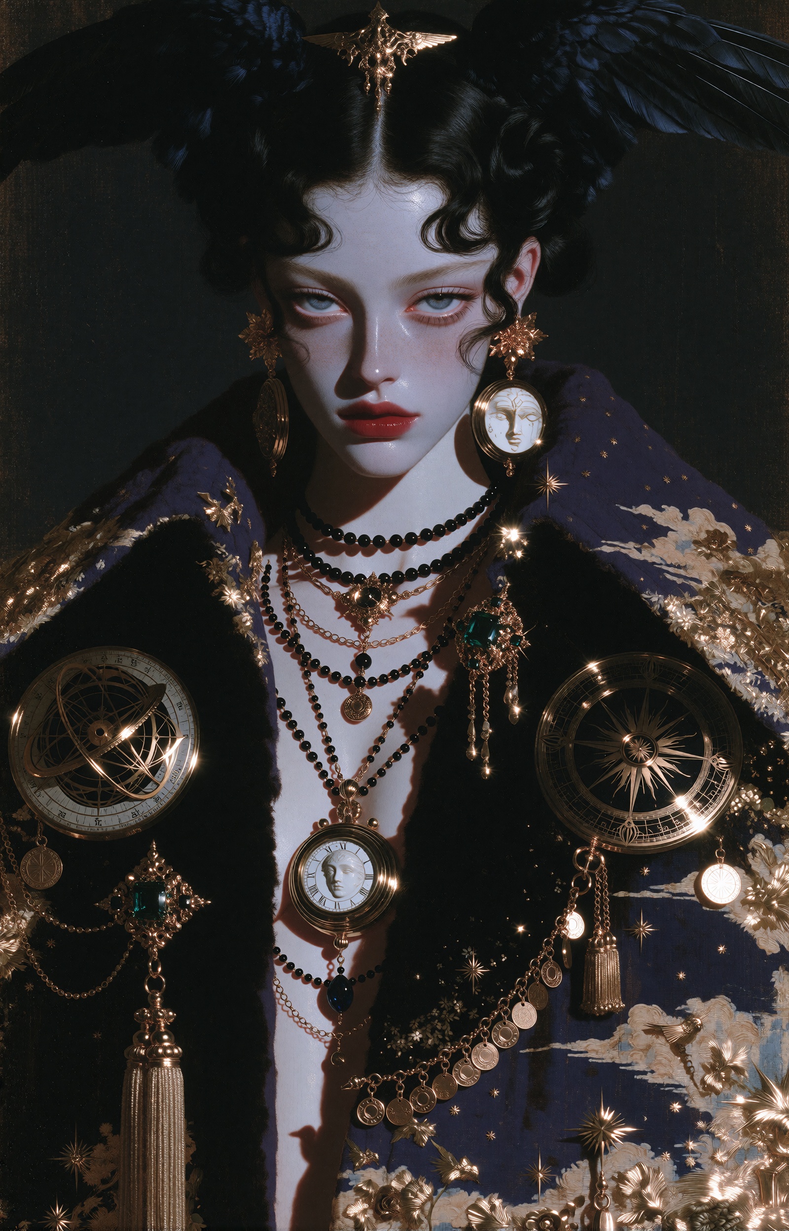 A regal young woman with porcelain-pale skin,  piercing ice-blue eyes,  and deep crimson lips gazes directly at the viewer...