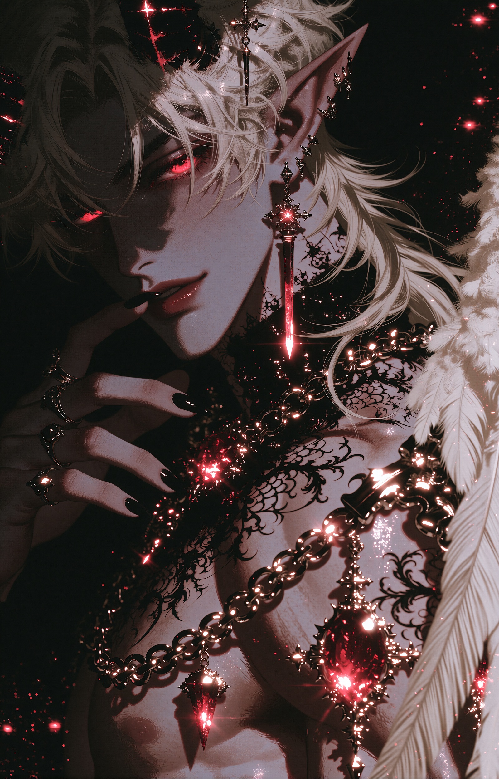 A dark fantasy anime portrait of a handsome dark-skinned demon-elf man with long,  messy silver-white hair,  glowing crims...