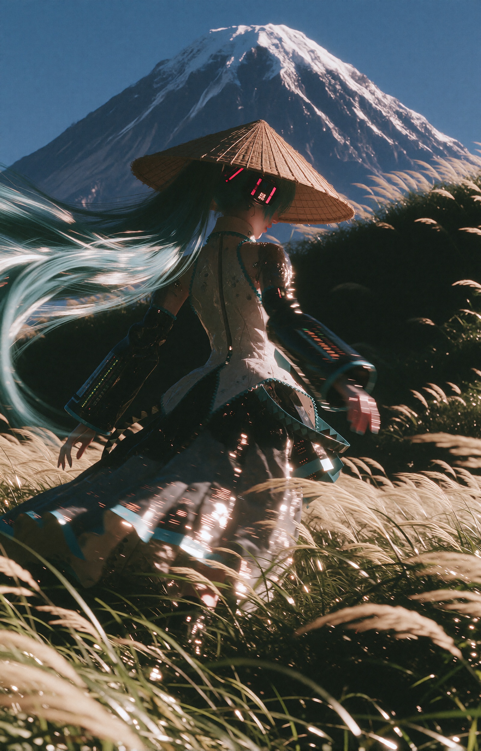 Hatsune Miku,  her endlessly long turquoise twin-tails streaming in the wind,  runs through tall on Tensor.Art