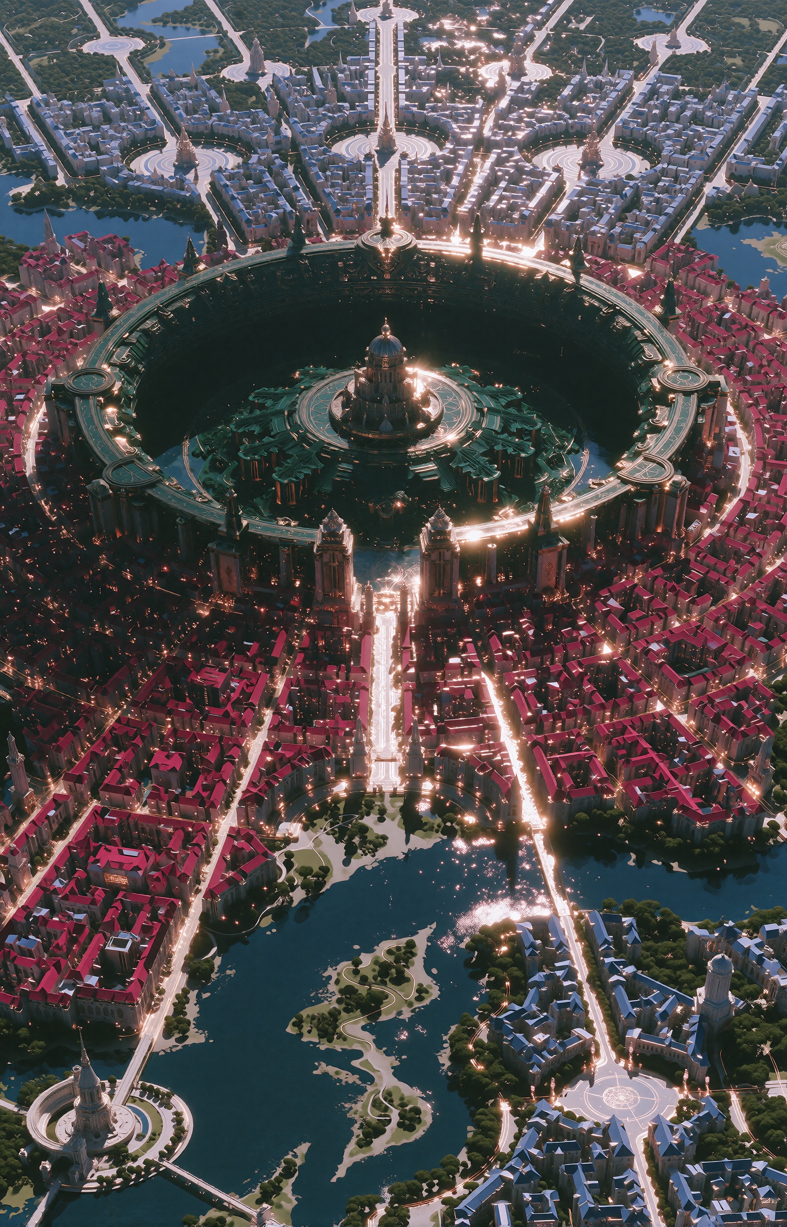 A breathtaking aerial view of a vast fantastical metropolis built around a colossal circular megastructure at its heart,...