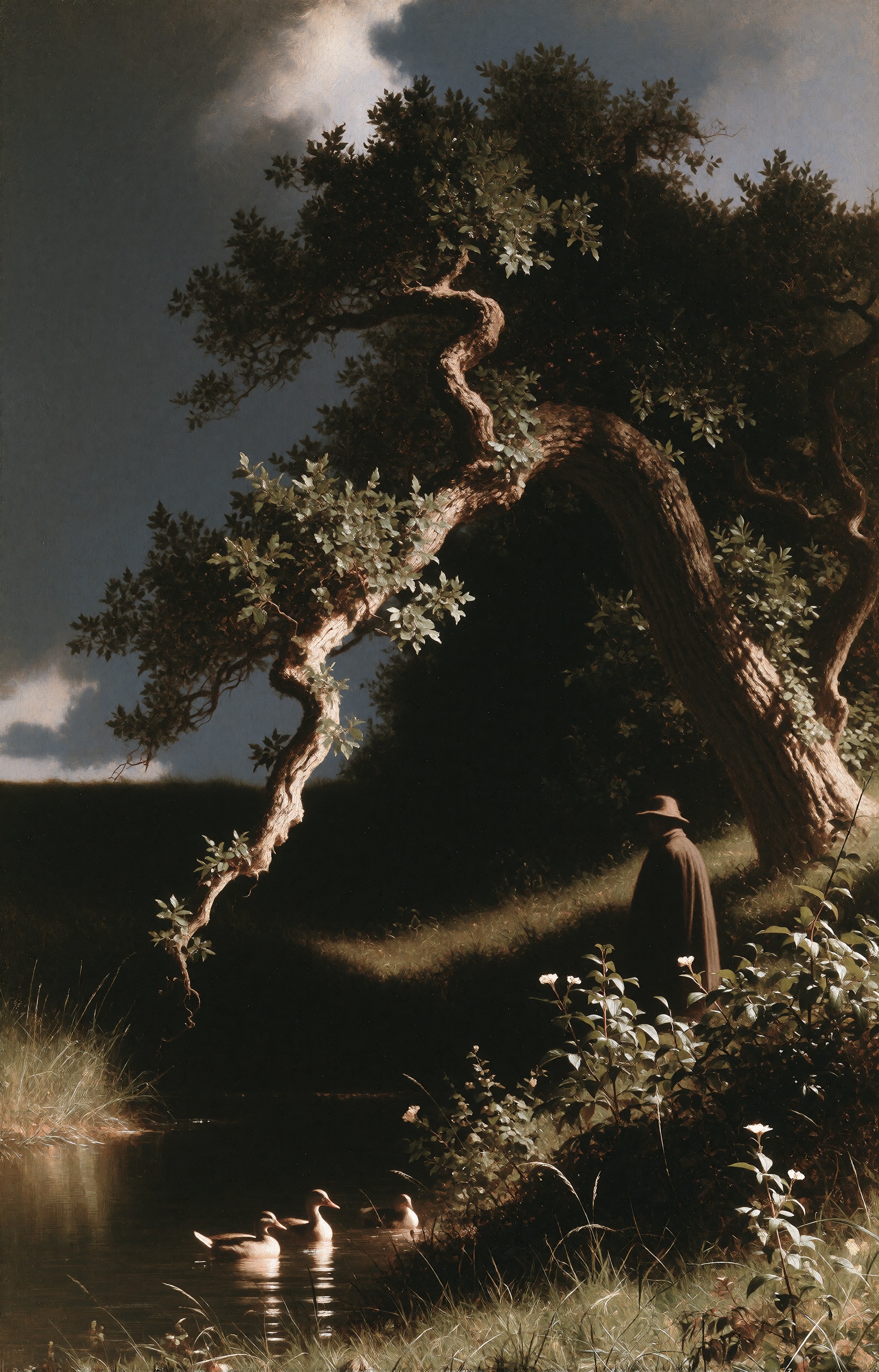 A classical oil painting of a massive,  gnarled oak tree leaning over a narrow stream under dramatic storm clouds. Two sma...