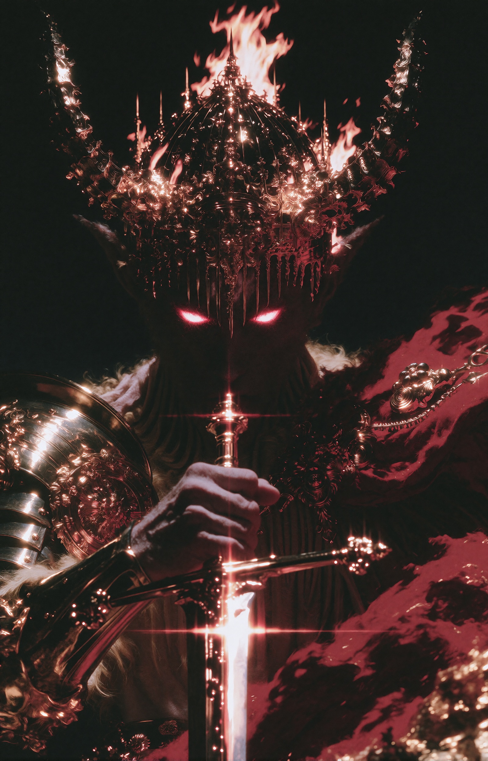 Dark fantasy oil painting of an ominous demonic sovereign during a midnight coronation,  wearing an impossibly ornate baro...