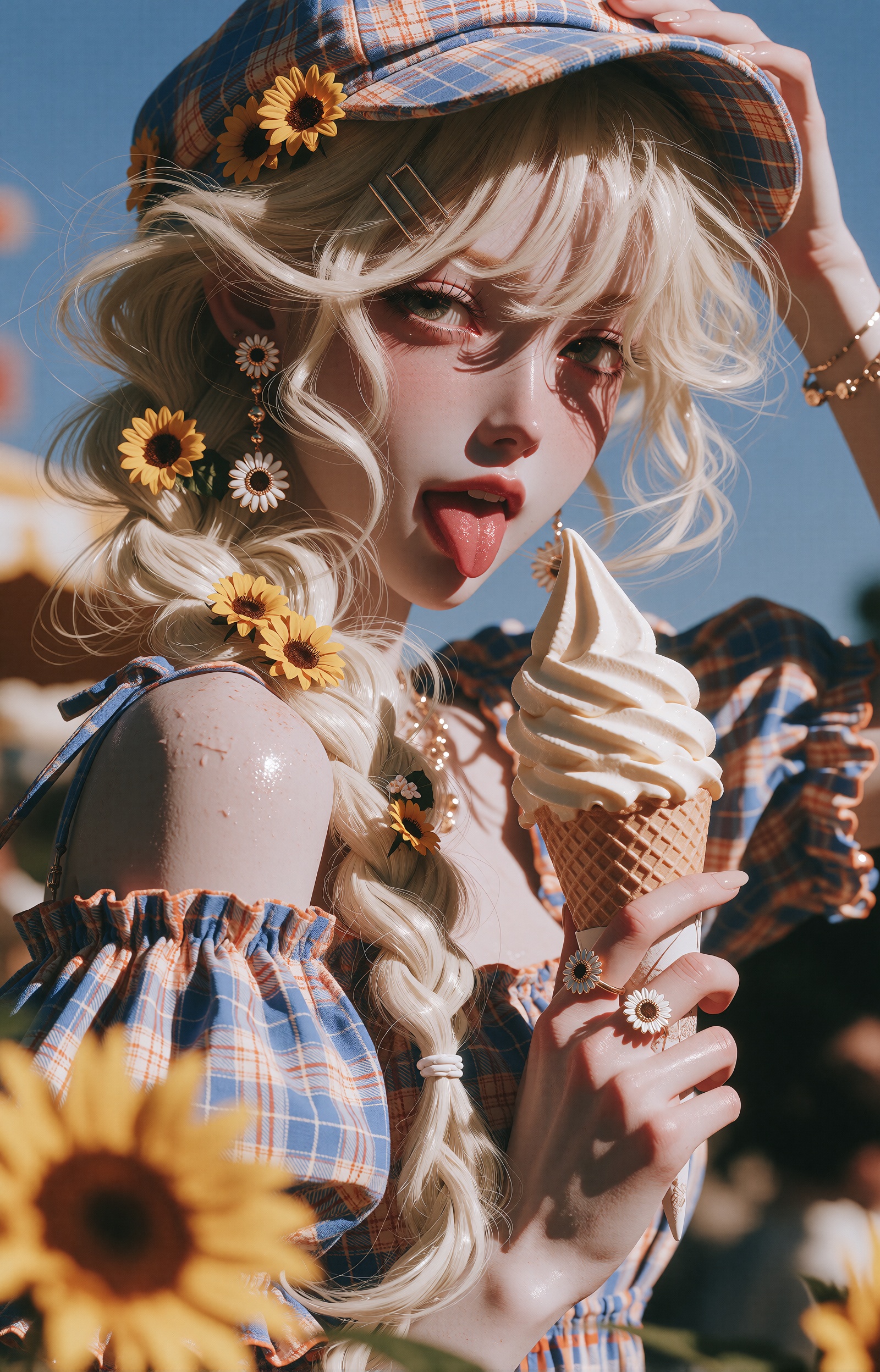 A cheerful anime-style girl with long,  flowing platinum blonde hair styled in loose braids adorned with tiny sunflowers,...