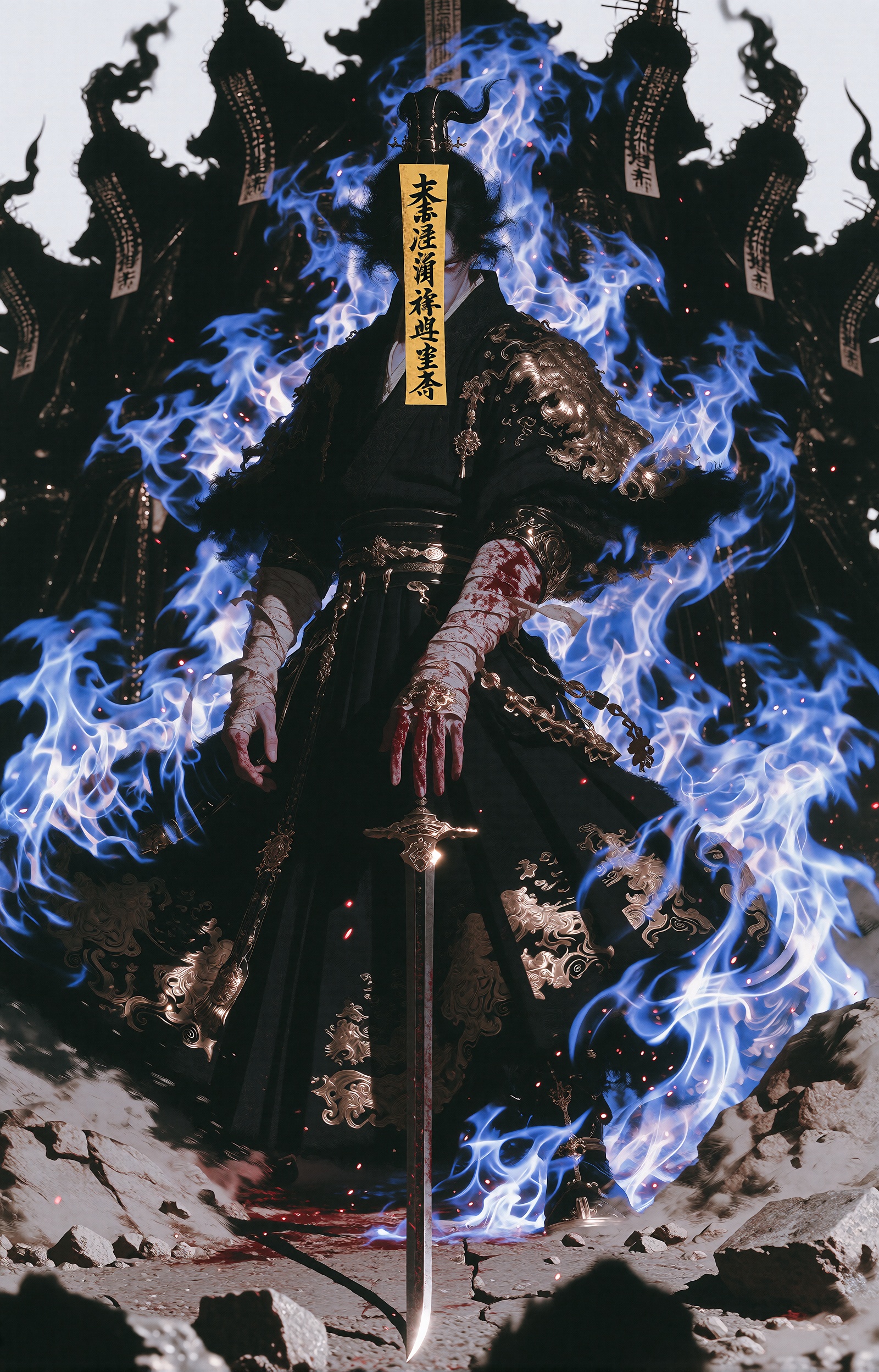 Epic xianxia fantasy scene,  central figure standing with a sword planted in cracked stone ground,  wearing flowing black...