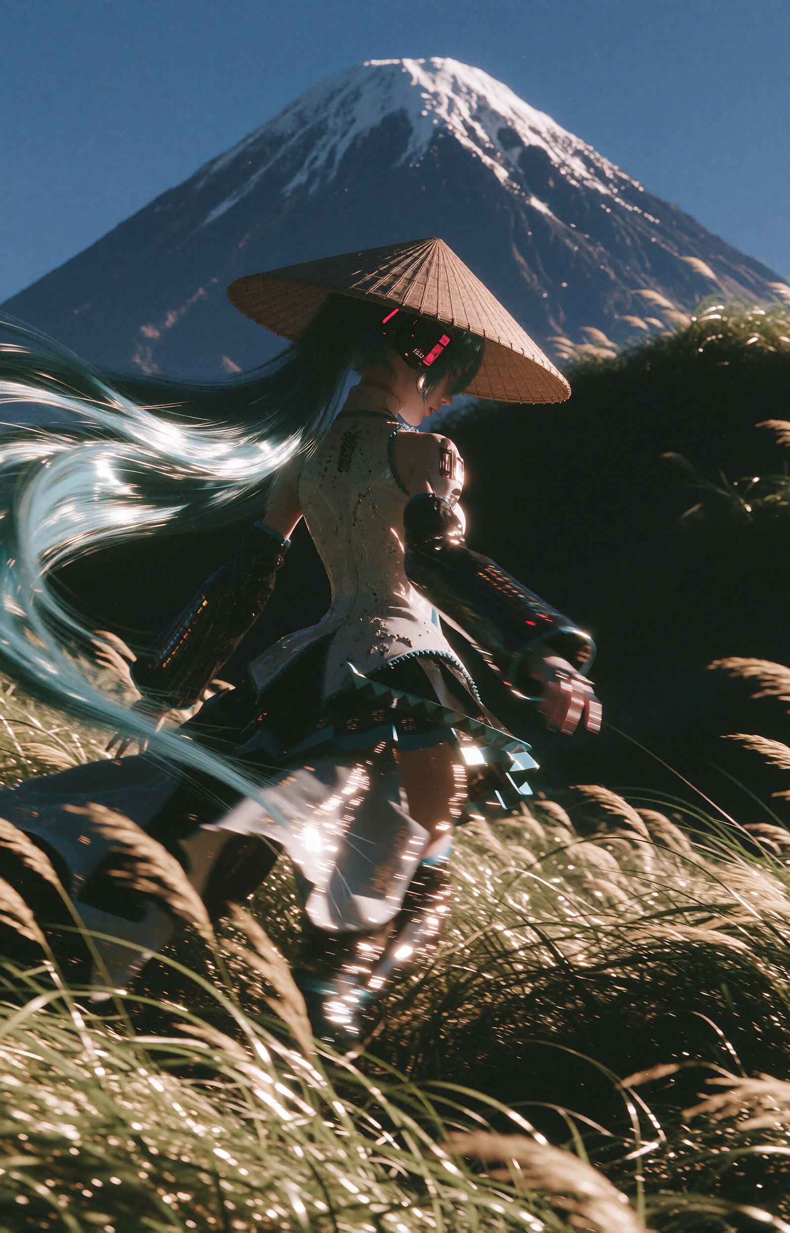 Hatsune Miku,  her endlessly long turquoise twin-tails streaming in the wind,  runs through tall on Tensor.Art