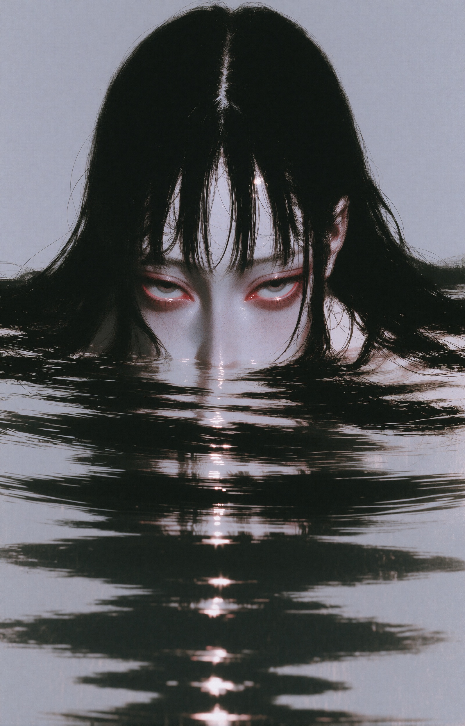 A pale young woman is submerged in still water up to just below her eyes,  only the upper half of her face breaking the su...