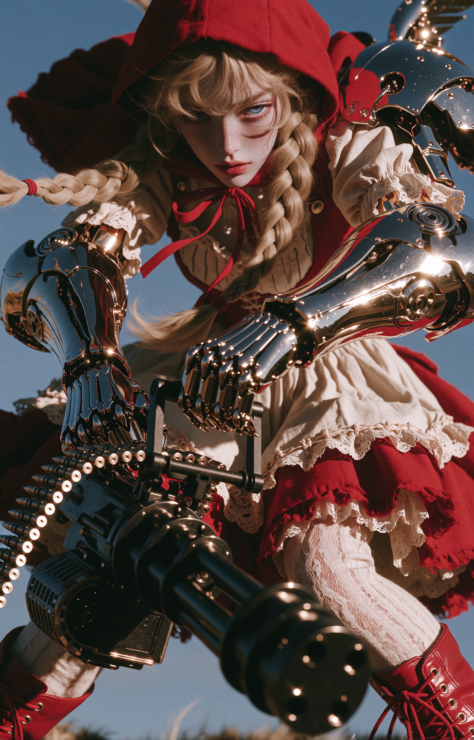 A dramatic high-angle close-up captured from a dynamic cinematic perspective,  radiating visual tension and extreme aesthe...
